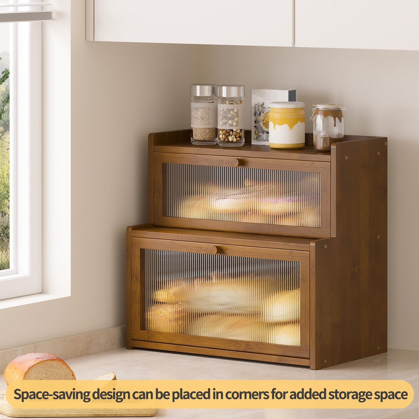 Furshus Double Layer Bamboo Bread Box for Kitchen Counter,Bread Holder,Countertop Bread Storage with Window (Brown)