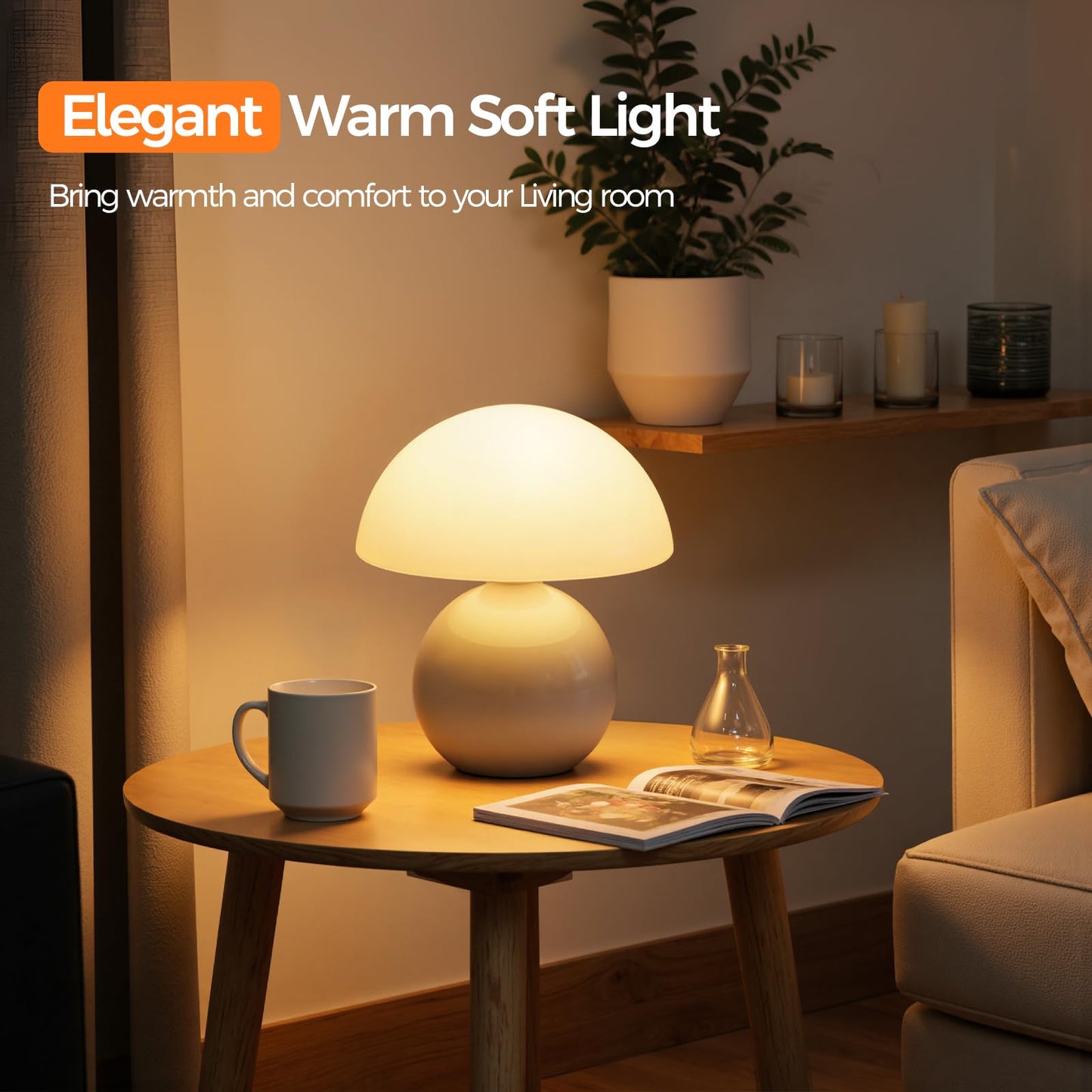 NIORSUN Wireless Mushroom Lamp,Table Lamp for Bedroom, Portables Cordless Lamps,Wireless lamp,Small Bedside Table Touch Lamps for Living Room,Mini Mushroom 5200mAh Battery Operated Lamp Modern (White)