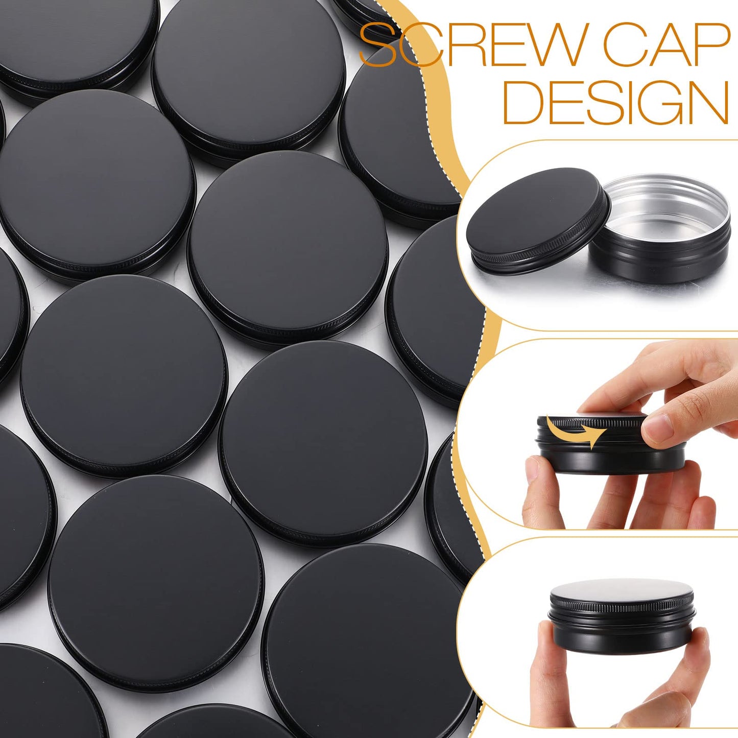 Patelai 64 Pieces Lip Balm Tin Containers Screw Top Round Tin Cans Aluminum Tin Jar with Screw Lid, Empty Bottle Travel Cosmetic Sample Tin Cans Container for DIY(Matte Black, 2 oz)