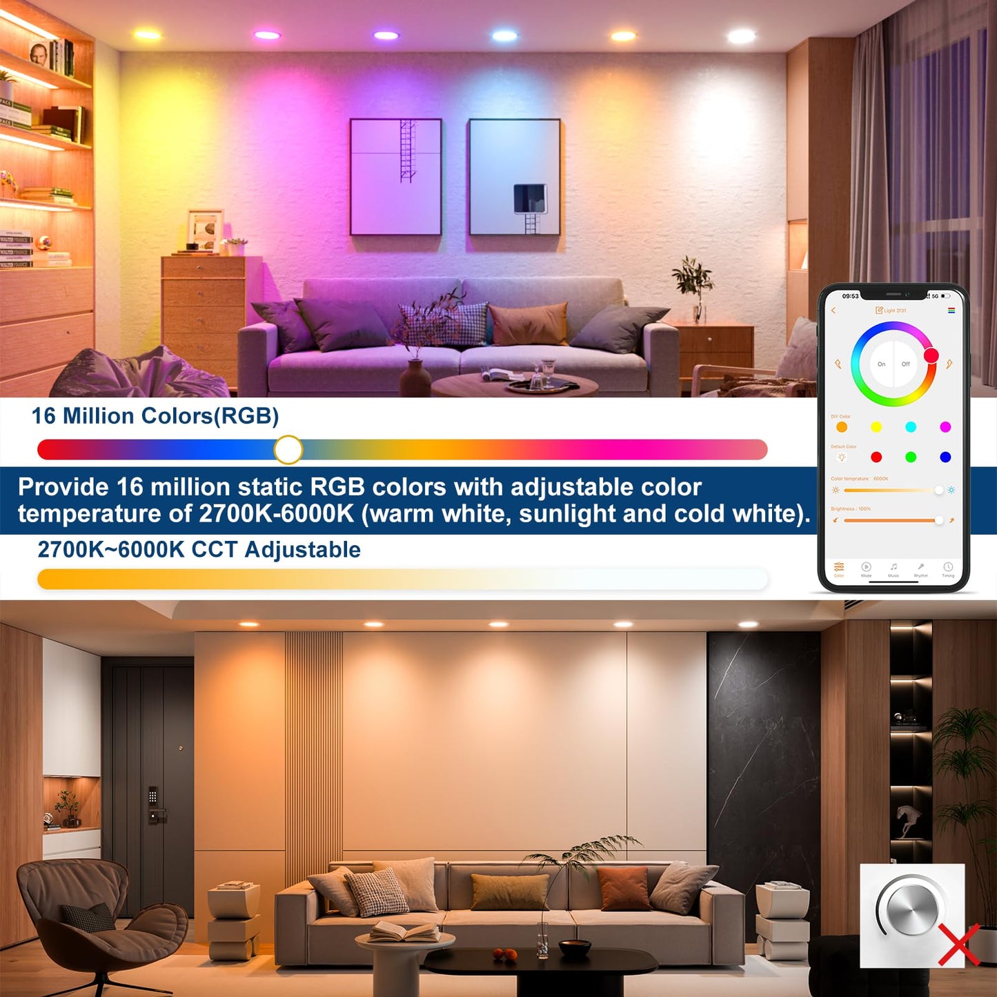 SikSog Smart Recessed Lighting 6 Inch RGBCW Color Changing 16W LED Downlight with Junction Box,1350 Lumen Recessed Ceiling Light Compatible with Alexa,Dimmable by Bluetooth Control -6Pack