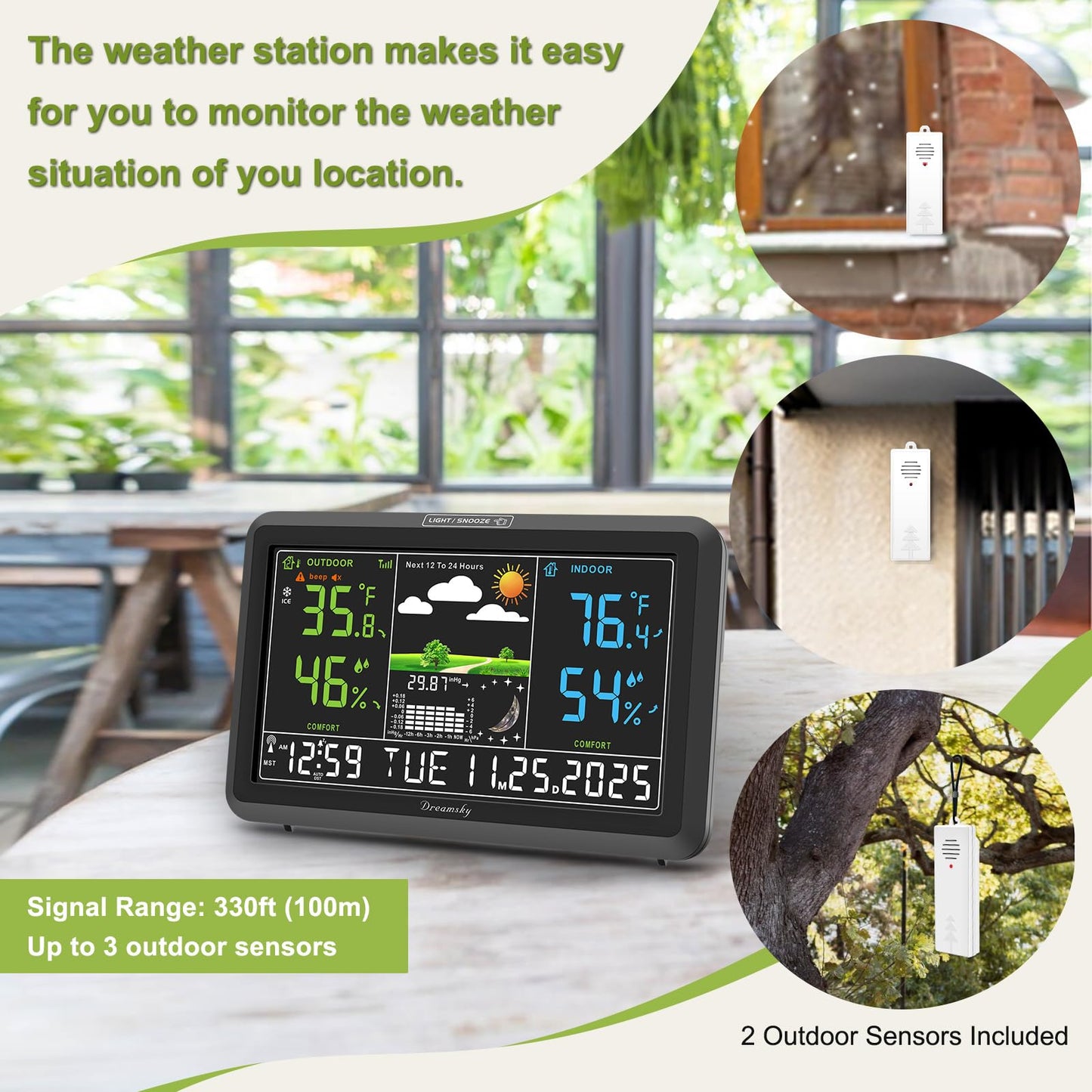 DreamSky Weather Station Indoor Outdoor Thermometer Wireless with Digital Atomic Clock for Home, Large Display with Dimmer, USB Port, Inside Outside Temperature Humidity Monitor (Plug-in)-2 Sensors