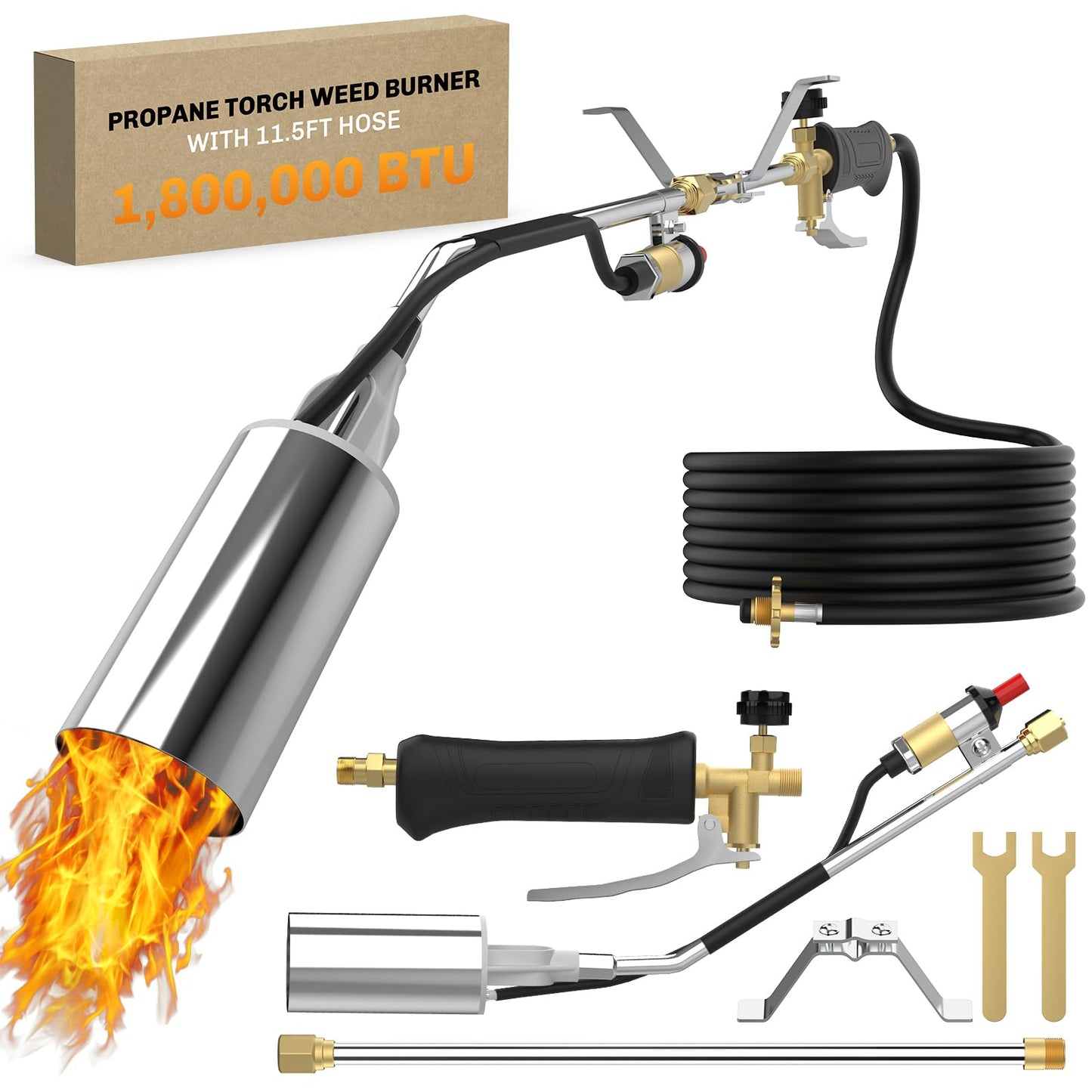 WELLUCK Propane Torch Weed Burner, Weed Torch 1,800,000 BTU Flame Weeder with CGA 510 11.5FT Hose, Heavy Duty Blow Torch with Self Igniter, Flamethrower for Weeding, Barbecue, Asphalt, Snow Melting