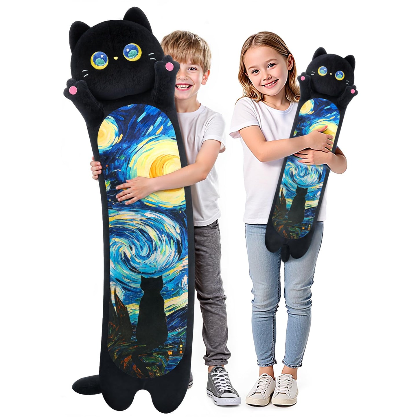 Mewaii Long Cat Plush Body Pillow, Cute Cat Plush Animals Kawaii Soft Plushies, Kitten Plush Pillow Gift for Girls Boys (Blue Starry Cat 53 Inch)