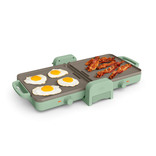 Bella 10"x 20" Ceramic Fold-n-Store Dual Temp Griddle, Fits-anywhere™ Kitchenware, EverGood Ceramic Nonstick Coating, 2 Temperature Zones up to 400°F, Dishwasher Safe Drip Tray, 1500 Watt, Seaglass