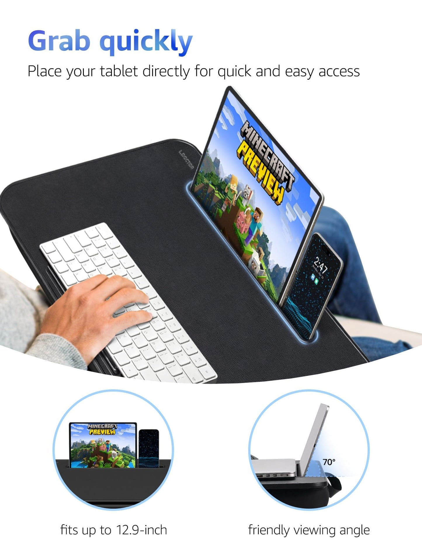 Lap Desk - Portable Laptop Stand & Stand, Fits Up to 17.3 in, Washable Cushion, Built-in Phone Holder & Mouse Pad - Gaming, Eating, Writing, Working on Bed, Couch,Floor - L.DOCTOR(Large, Black)