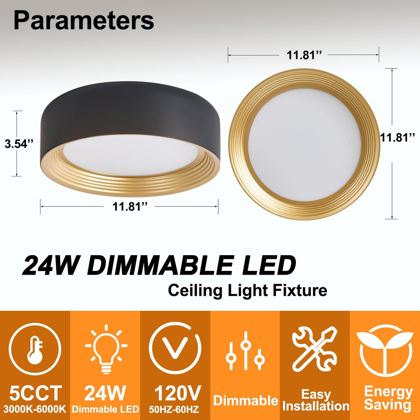 Suenigle Dimmable Modern LED Flush Mount Ceiling Light,11.8 Inch 5CCT 24W/3000K-6000K,Minimalist Round Black and Gold Close to Ceiling Lighting Fixtures for Kitchen,Hallway,Laundry Room,Entryway,Porch