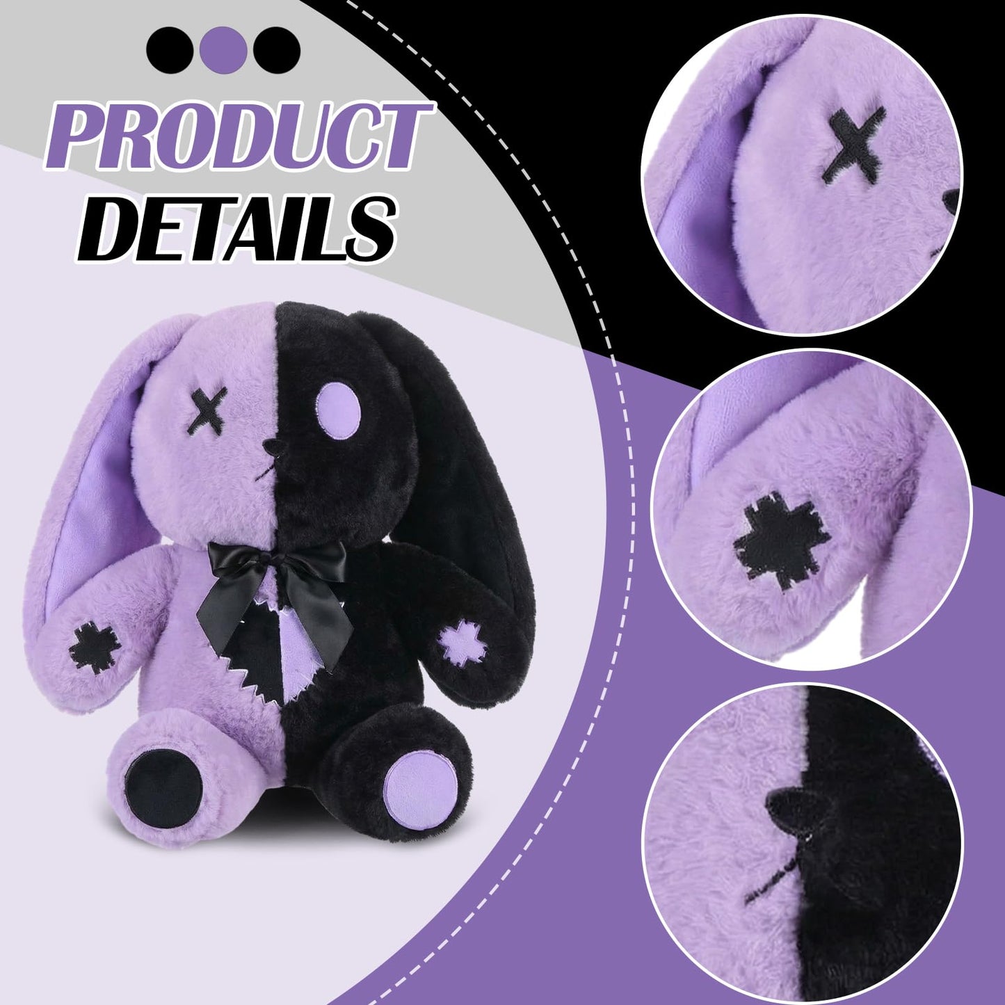 Sotiff Goth Bunny 12 Inch Easter Gothic Bunny, Emo Black Purple Rabbit Animal, Rabbit with Embroidered Details, Gothic Easter Gifts, Dark Cute Home Decor