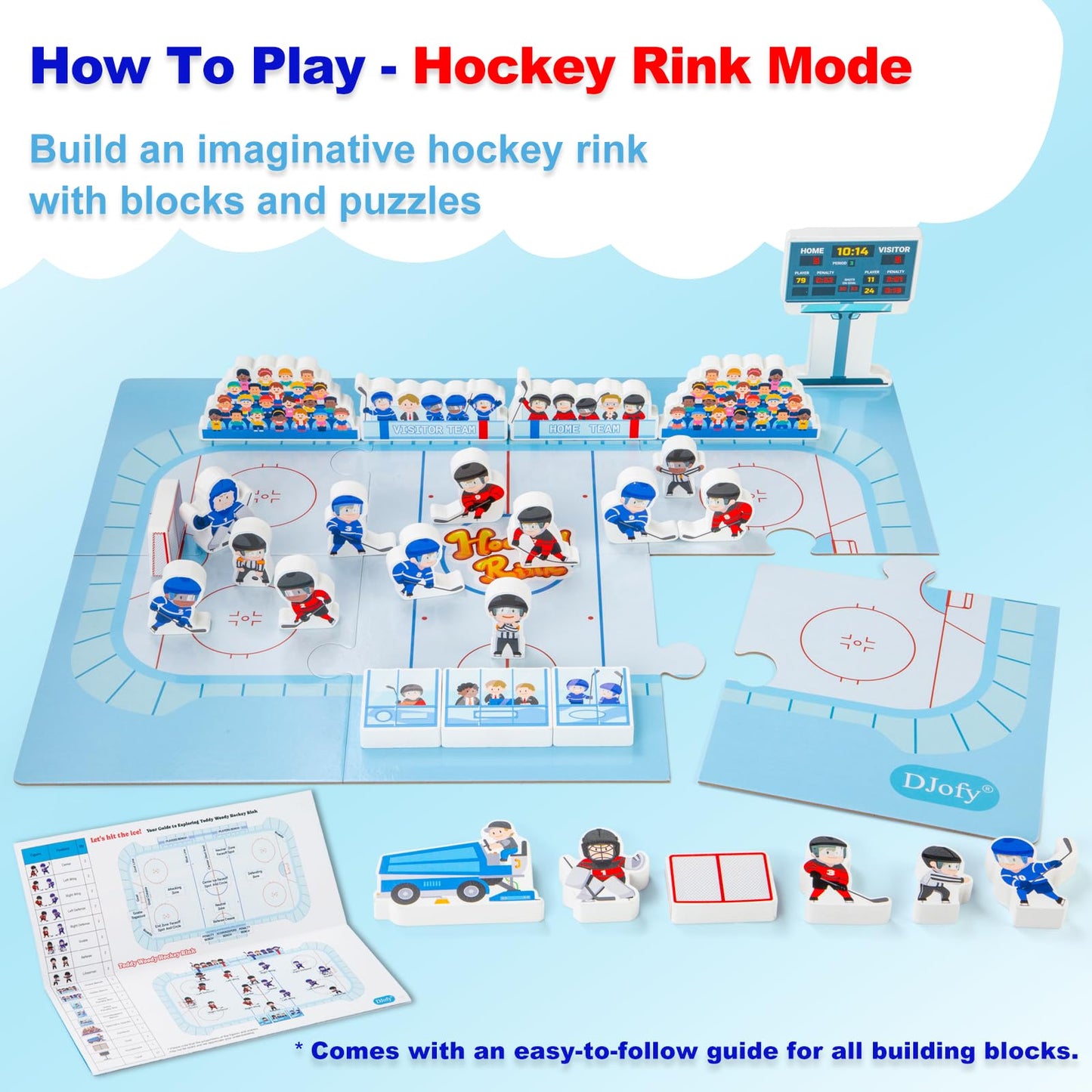 2-in-1 Hockey Board Game & Blocks Playset, Wooden Hockey Figurines with Assembly Rink or Roll and Move Game, Mini Hockey Figures, Winter Sports Toy for Kids, Toddlers & Families
