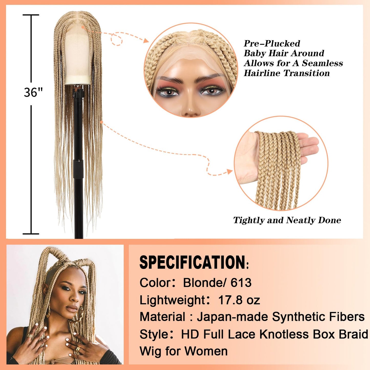 Brinbea 360° HD Full Lace Knotless Braided Wigs for Women Box Braid Wig with Baby Hair Braided Lace Front Wigs Human Hair Blended Braids Wig Long Blonde 36"