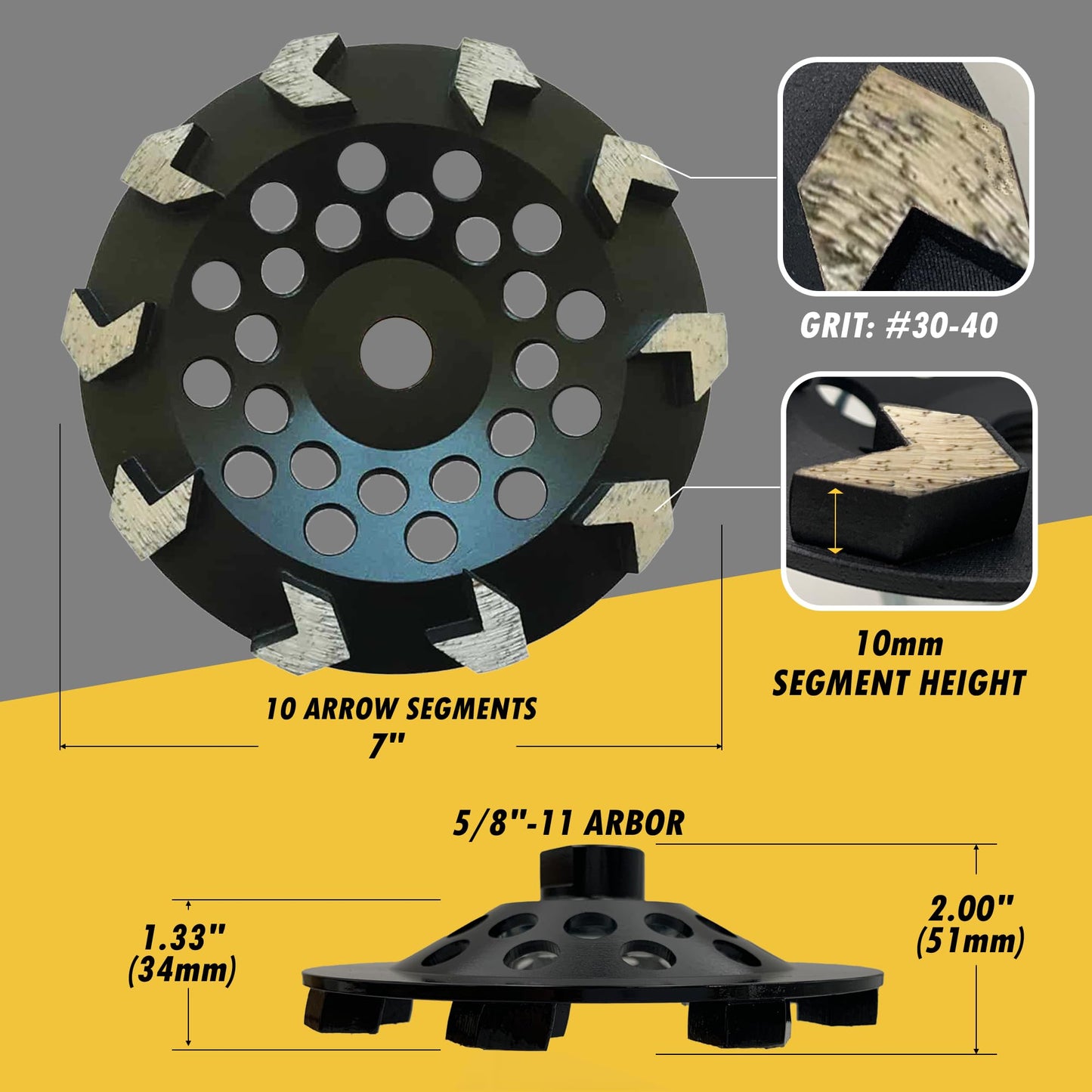 7" High Performance Diamond Grinding Wheels for Concrete, Paint, Epoxy, Mastic, Coating Removal, #30/40 Grit, 10 Arrow Segments, 5/8"-11 Arbor