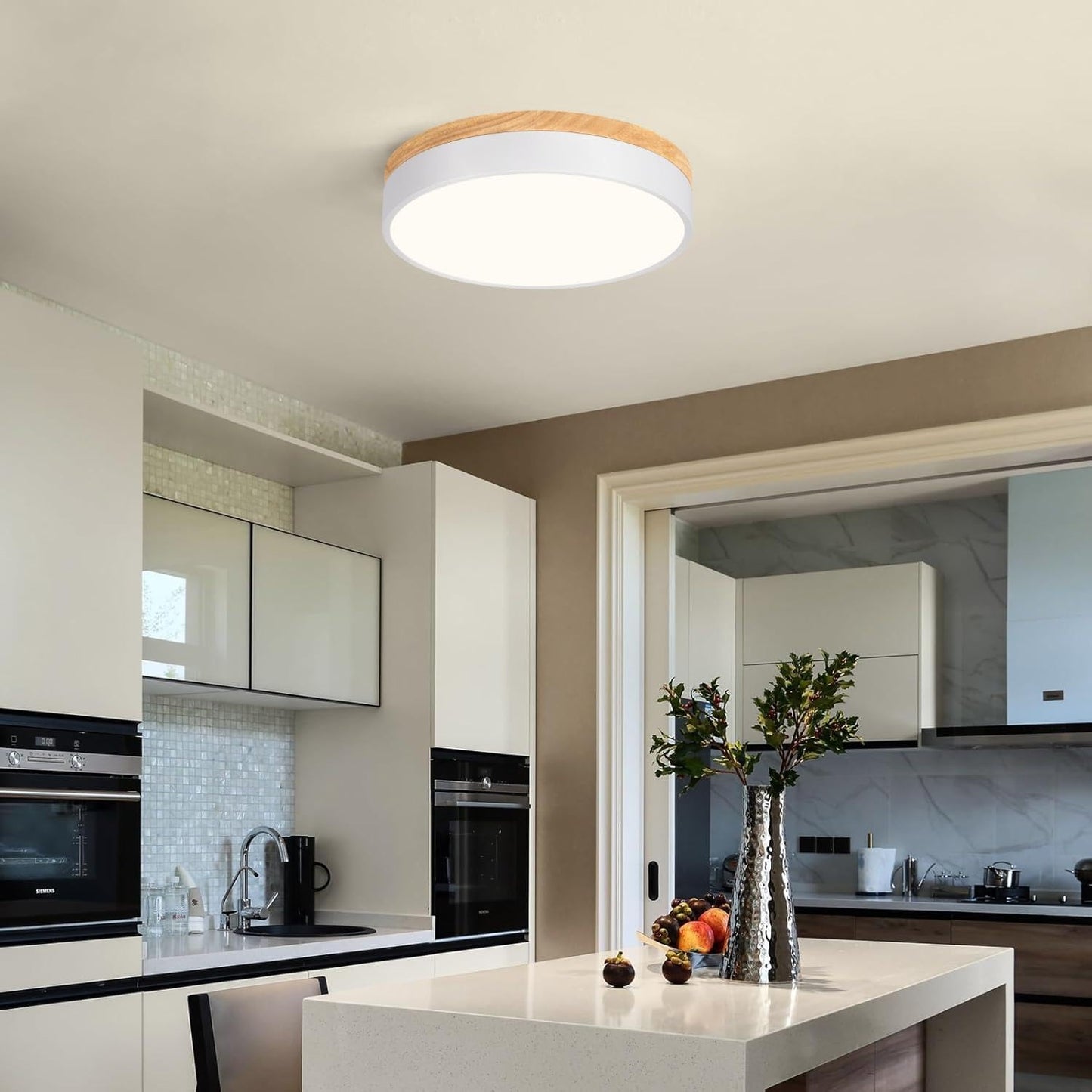 Dimmable Modern Wood Ceiling Light, White LED 5CCT 2700K-6000K Flush Mount Ceiling Lighting Fixture, Round Light Fixtures for Kitchen Entryway Hallway Bedroom Laundry Room-11.8in