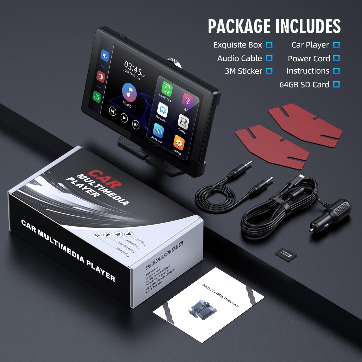 Portable Wireless Carplay Screen, PBYRD 9" Touchscreen with 4K HD Front Camera, Car Stereo with Apple Carplay & Android Auto, Mirror Link/Voice Control/Bluetooth/GPS Navigation-2025 New
