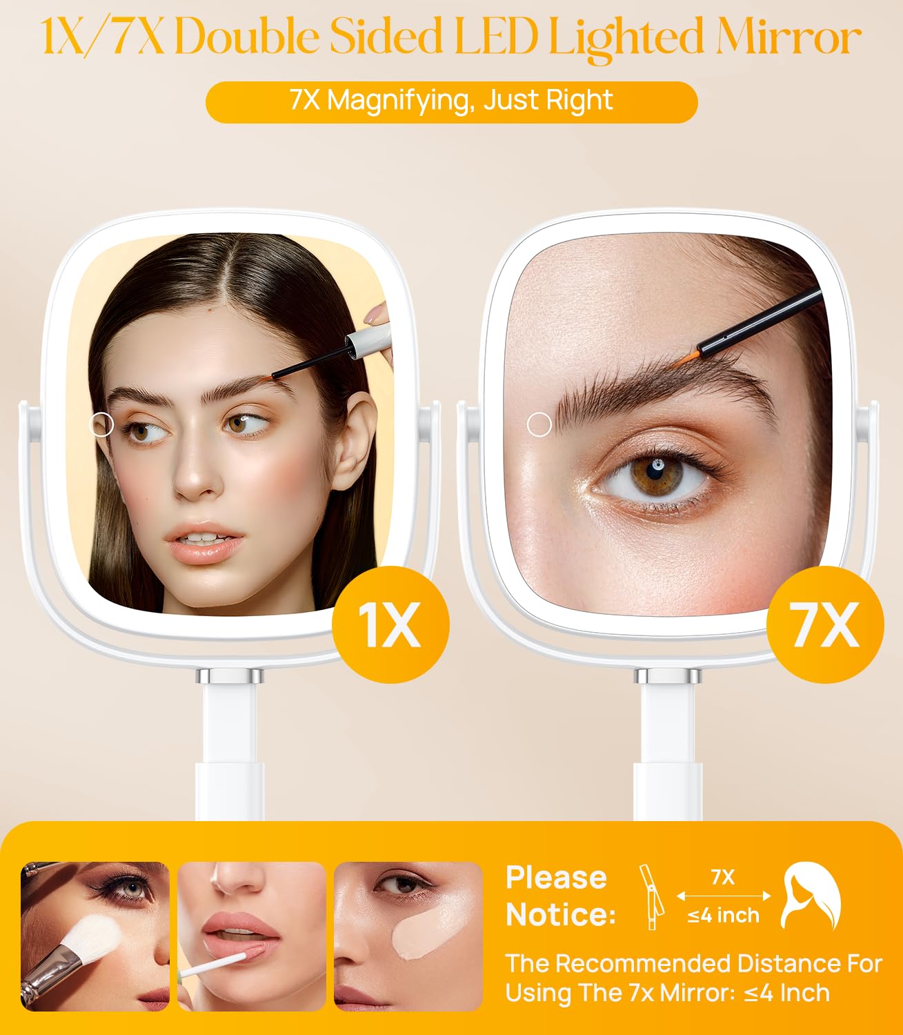 Gospire Rectangle Lighted Makeup Mirror with Lights 3 Color, Height Adjustable and 1X/7X Magnifying, 4000mAh Rechargeable Battery for Bedroom, 8.5”x7.4” Large Surface, Stepless Dimming - White