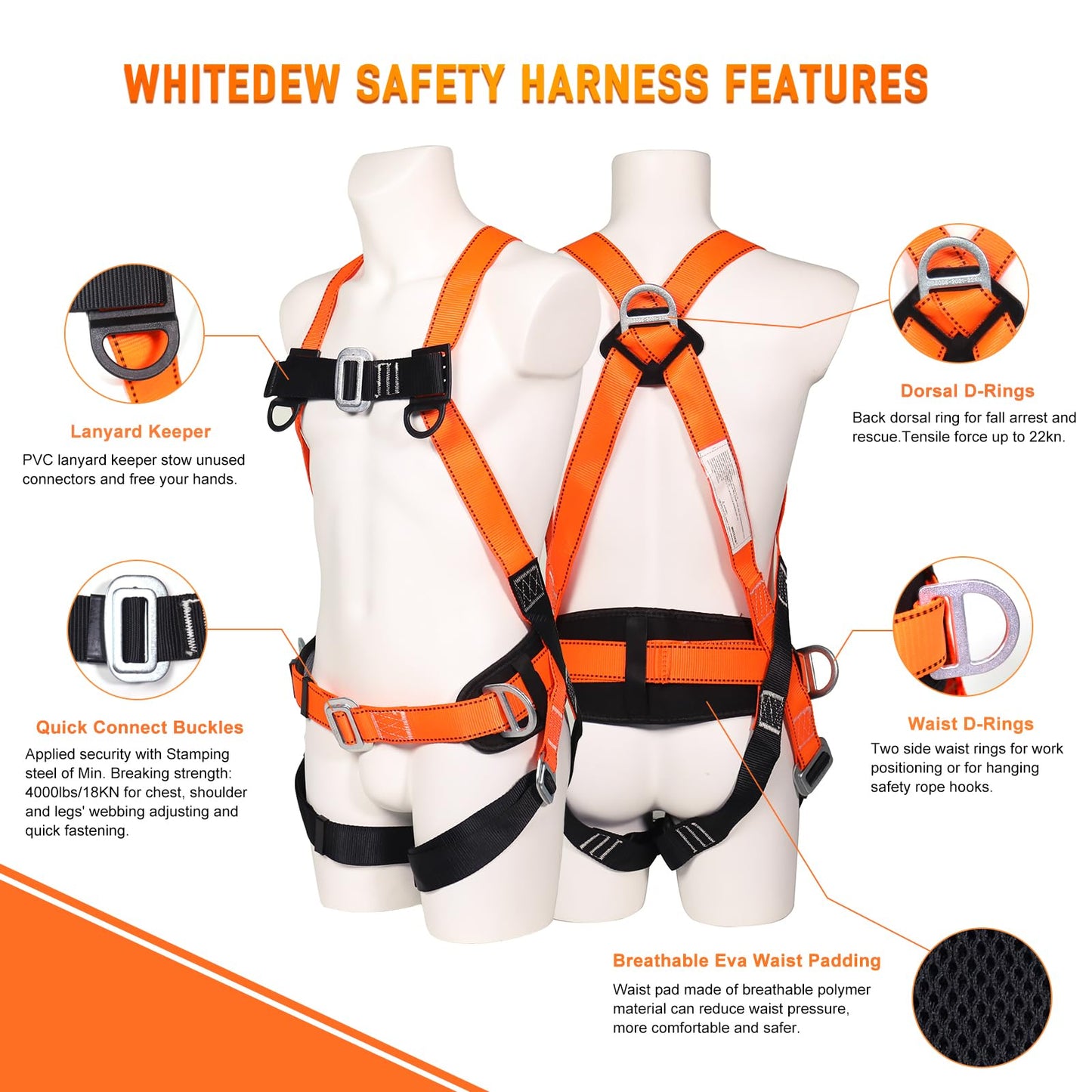 WHITEDEW Safety Harness Fall Protection Kit with Shock Absorbing Lanyard, Roofing Work Harnesses Full Body Safety Harness for Construction (Orange)
