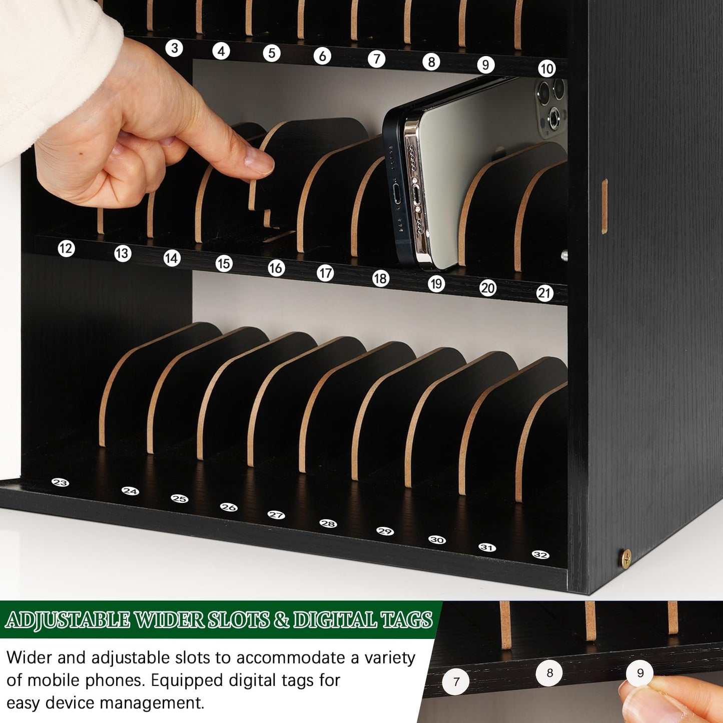 Echaprey Cell Phone Holder Classroom Adjustable 33 Slots Pocket Chart Wooden Cell Phone Storage Cabinet with Handle and Lock Desktop Cell Phone Holder for Classroom Office (Black)