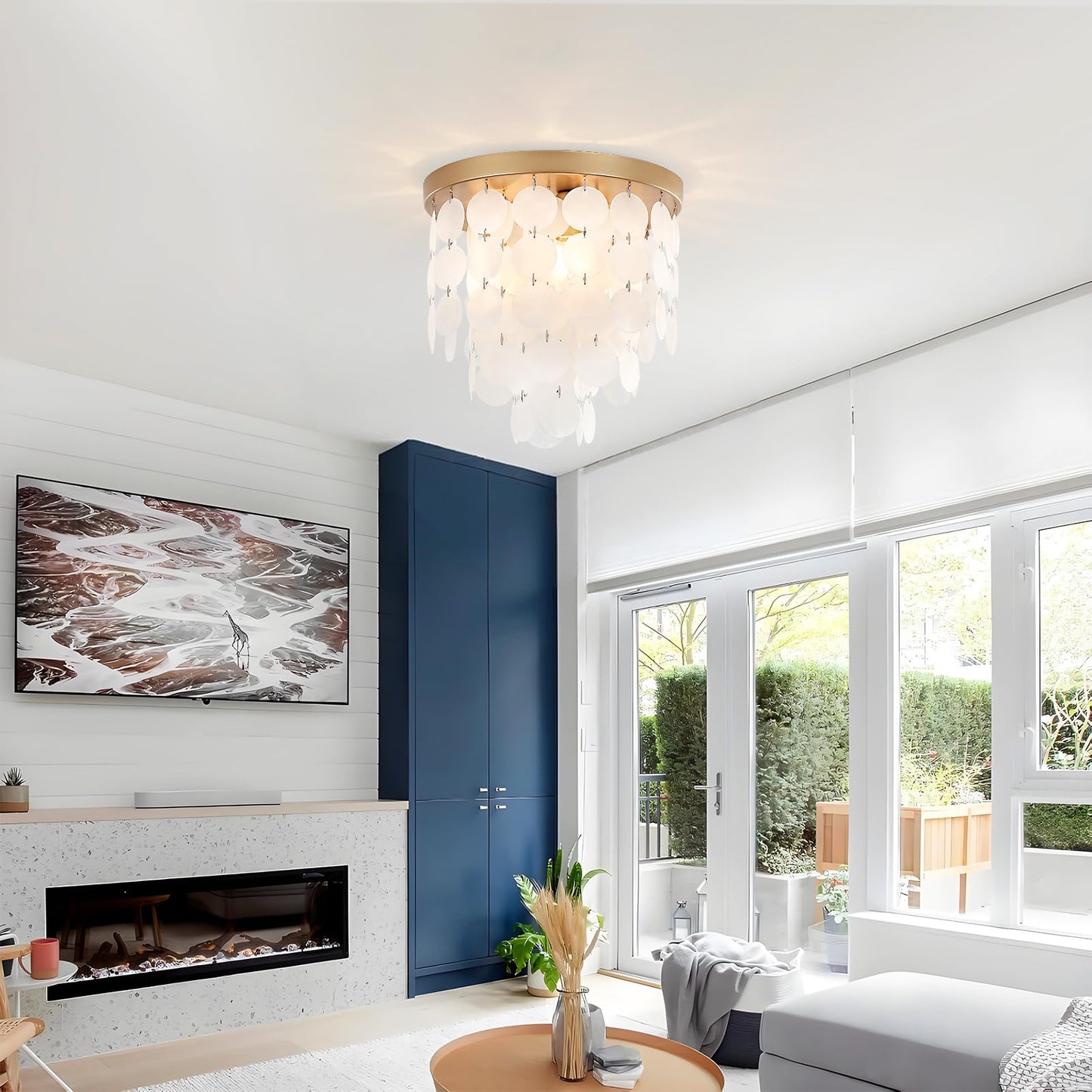 PUZHI HOME 11.8 Inch Gold Flush Mount Ceiling Light Fixture with Natural Capiz Shells, Dimmable 3-Light Modern Coastal Lighting for Bedroom, Living Room, Kitchen, Dining Room, Hallway, Closet
