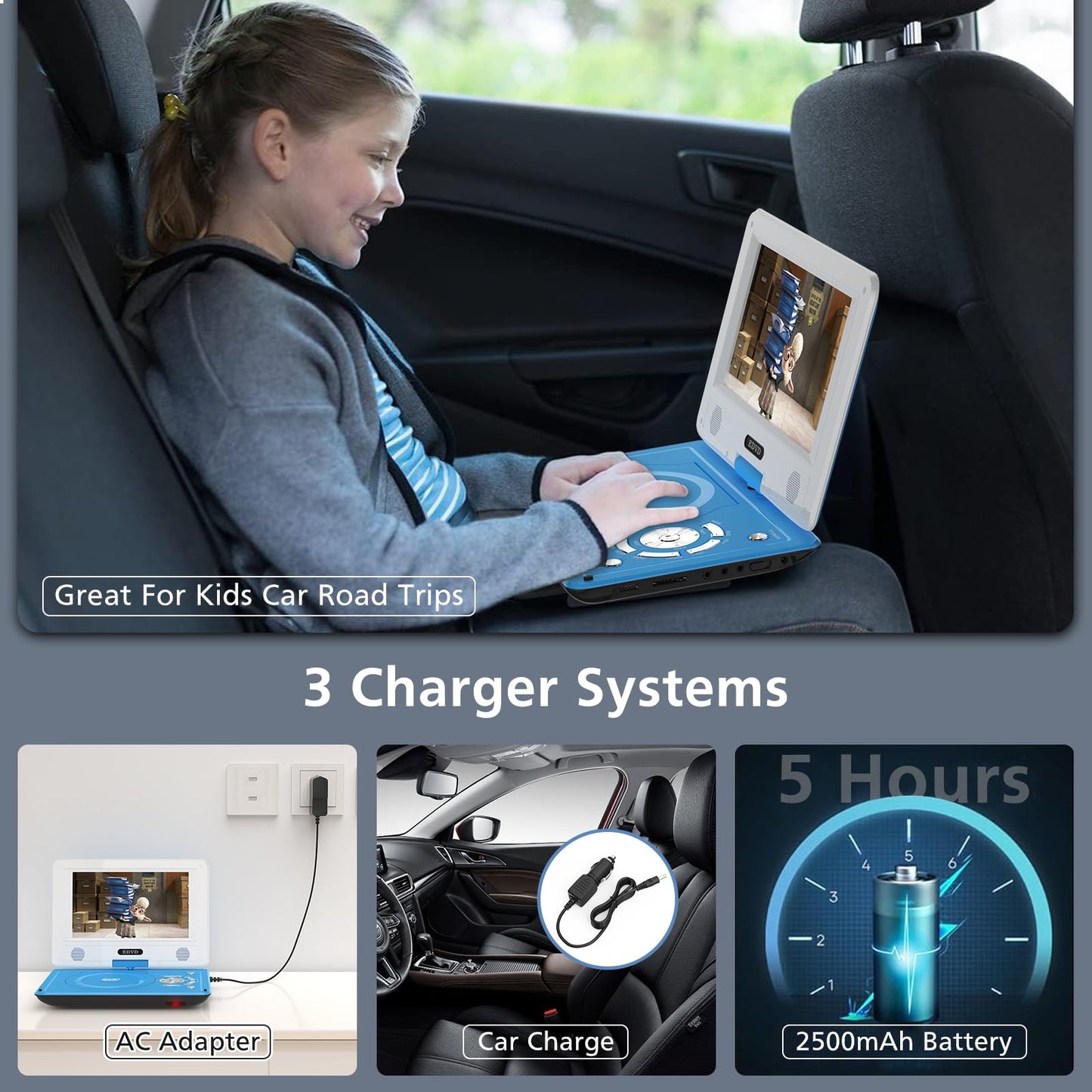 11.5" Portable DVD Player for Kids and Car, 9.5" Swivel HD Screen with 4-6 Hours Built-in Battery, Support Sync Screen to TV, Support SD Card/USB/Multiple Disc Formats (Blue)