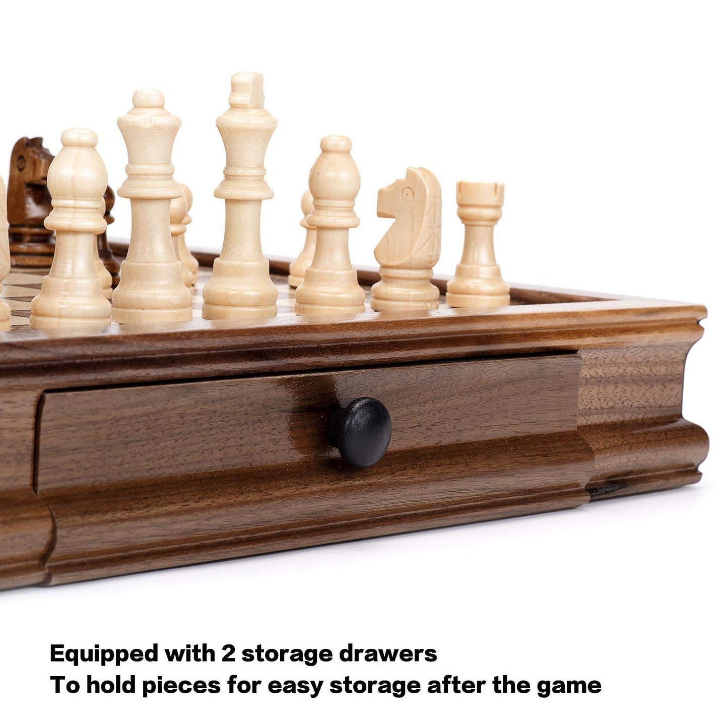 AMEROUS Magnetic Wooden Chess Set, 12.8" x 12.8" Walnut Chess Board Game with 2 Built-in Storage Drawers - 2 Bonus Extra Queens - Chess for Beginner, Kids and Adults, Gift Packaging