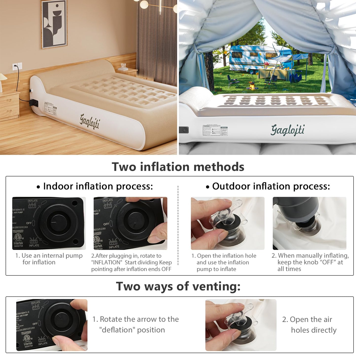 Gaglojti 16" Queen Air Mattress Full with Built in Pump for Camping,Portable Blow up Mattress with Carry Bag,High-Speed Pump,Luxury Inflatable Mattress Comfort Flocked Airbed for Guest,Home(Khaki)
