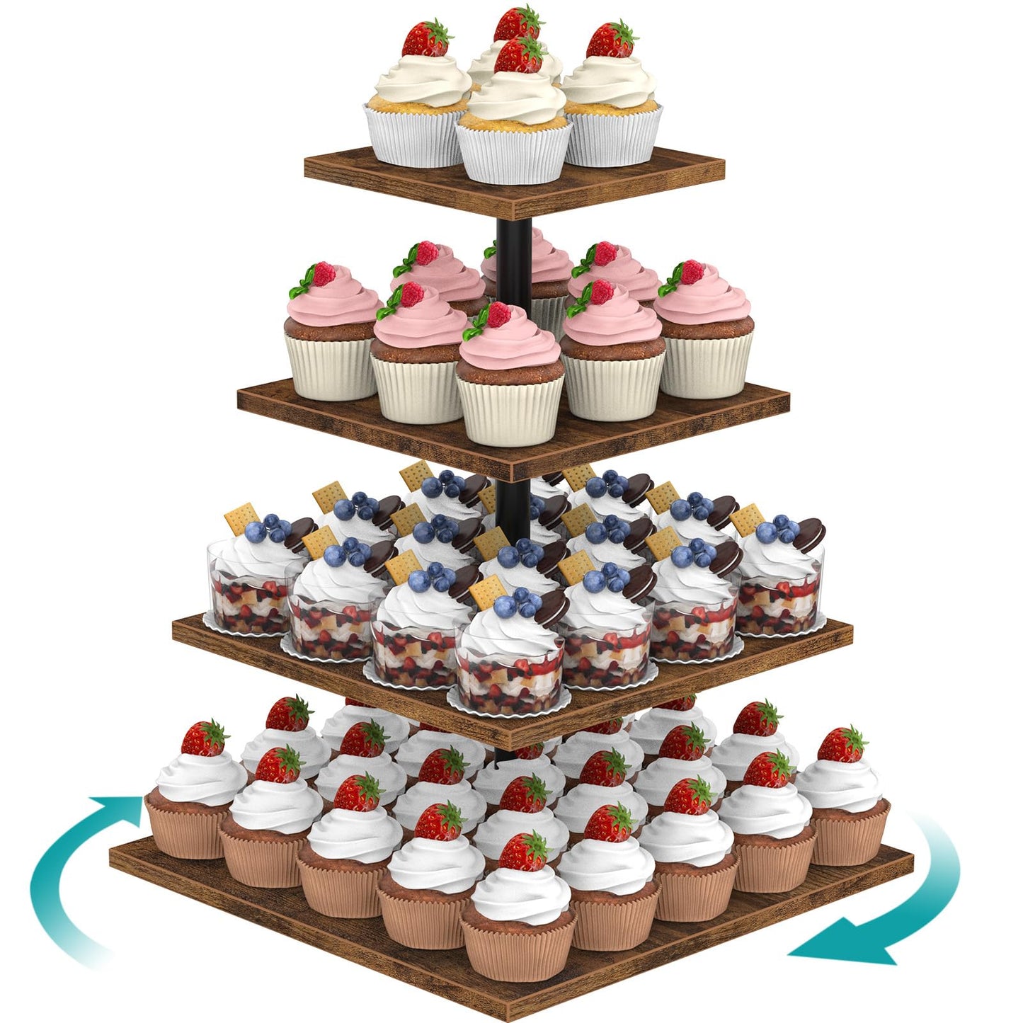 ELITEROO 4 Tier Cupcake Stand, 360 Rotating Cupcake Stand for 50 Cupcakes, Square Tiered Cup Cake Tower Holder, Wooden Dessert Display Stands for Party Wedding Graduation Birthday Baby Shower
