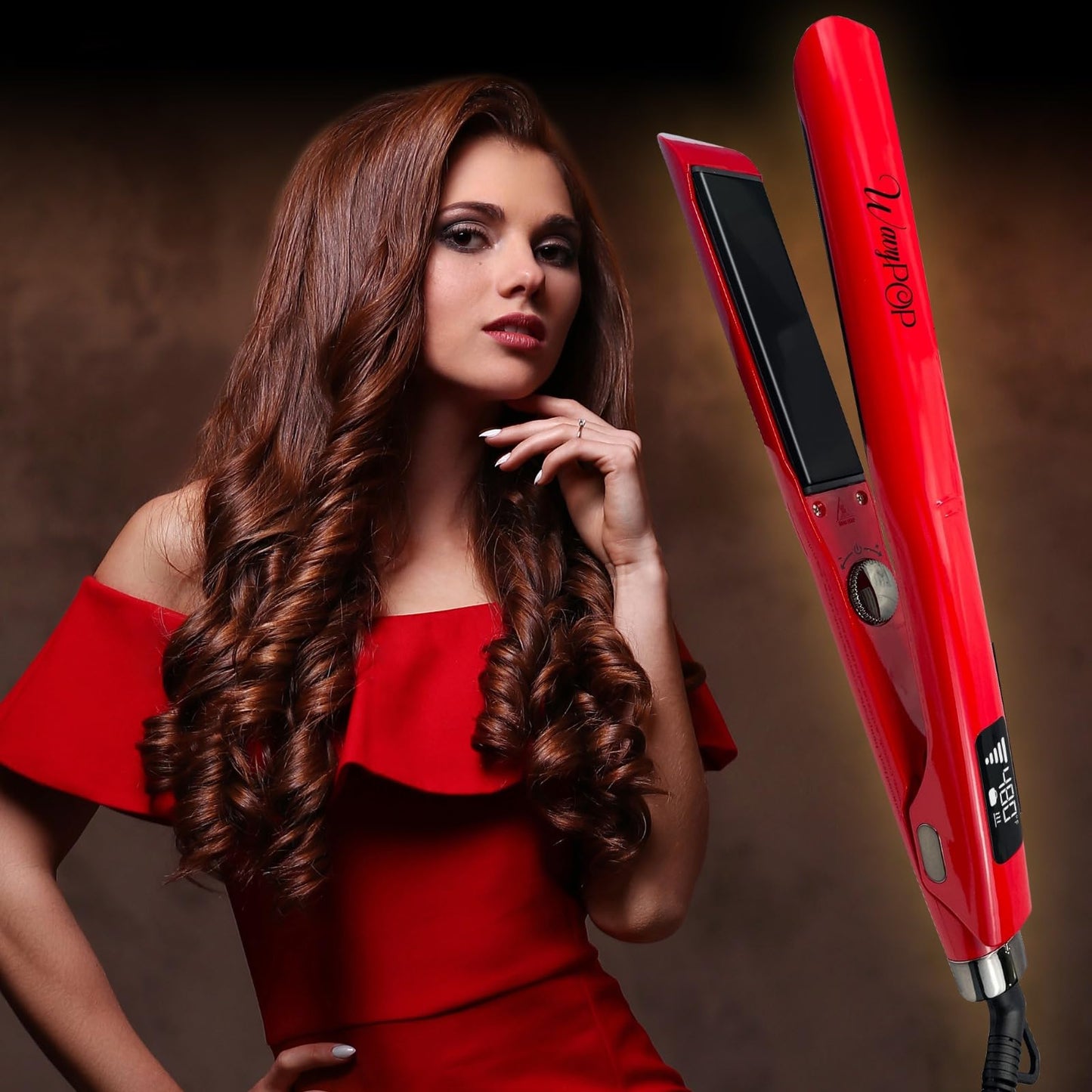 Wavy POP PRO 2 in 1 Titanium Flat Iron Hair Straightener & Curling Wand Red | Professional Straightening Hair Iron with Ceramic MCH Fast Heat, Auto Shut Off | Dual Voltage with Travel Bag