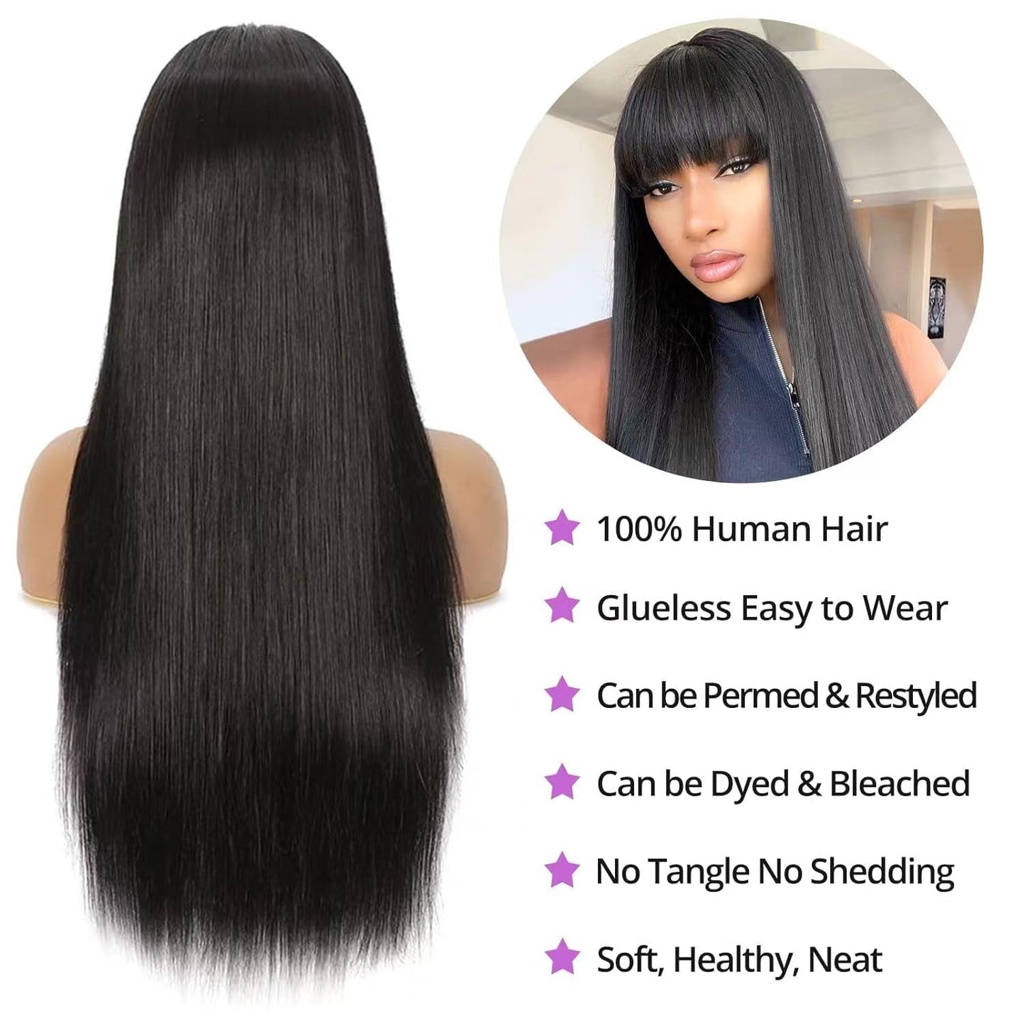 Tamnnee Glueless Wigs Human Hair with Bangs Straight Human Hair Wig with Bangs 150% Density 1x3inch Bleached Knots Lace Front Wigs for Black Women 18inch