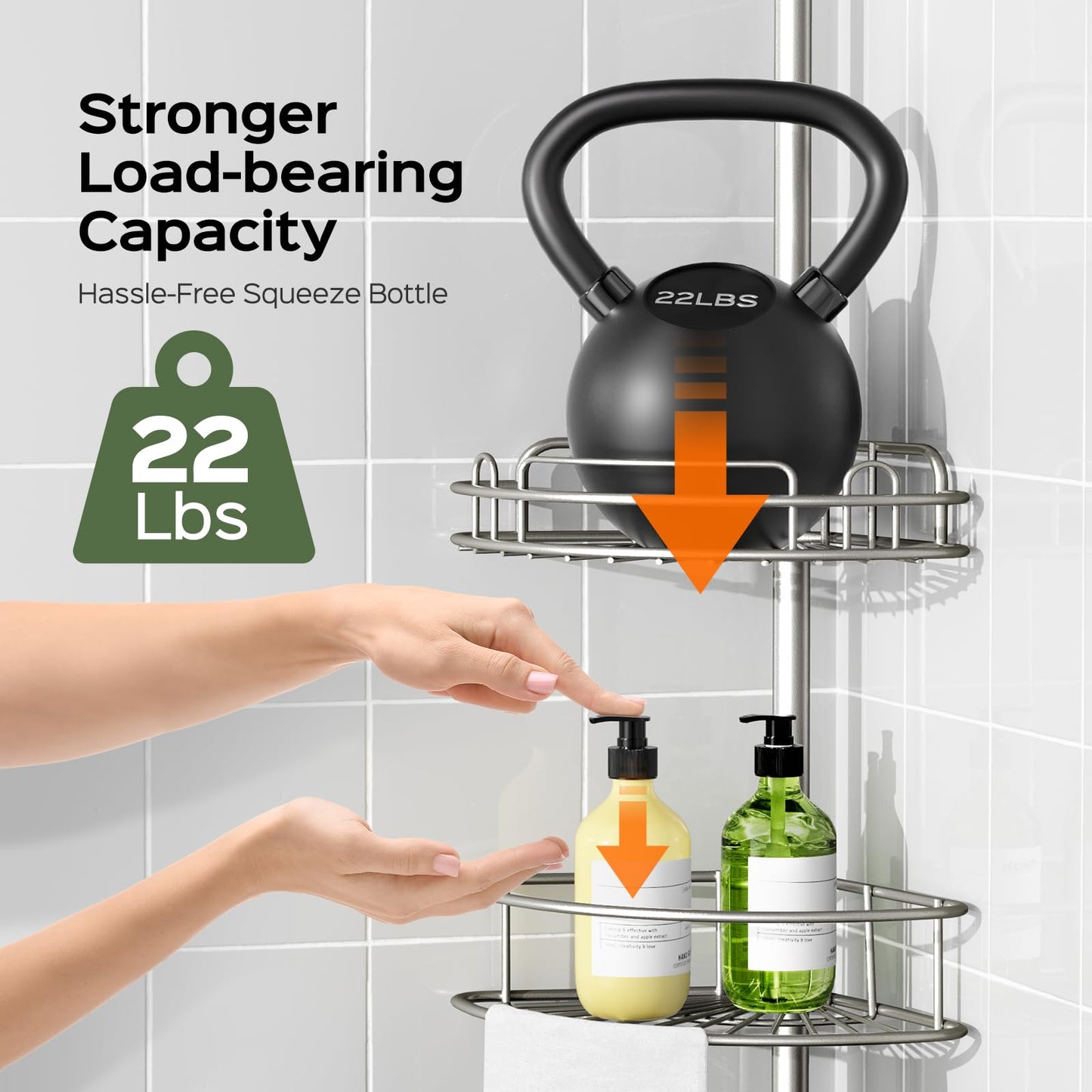 HAMITOR Shower Caddy Tension Pole: 4-Tier Rustproof Bathroom Corner Shelf Organizer for Renter - No Drill Large Shampoo Storage Rack - Adjustable 47-121" - Space Saving Bathtub Accessory - Silver Gray