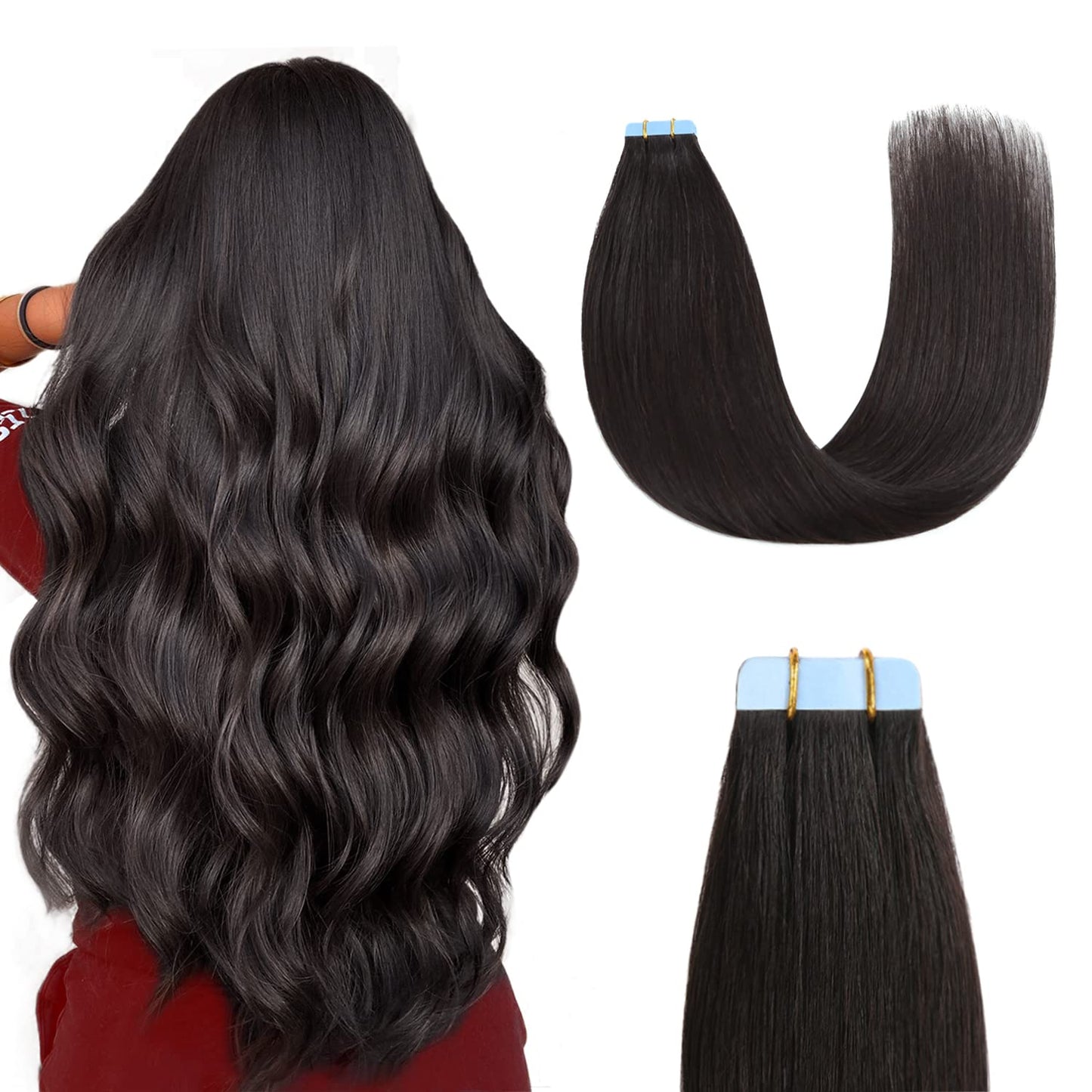 Sunya Tape in Hair Extensions 16 inches Silky Straight Remy Human Hair Seamless Skin Weft Tape in Hair Extensions Human Hair 16 inches #1B Natural Black 40 Gram 20Pcs/Pack Thick Hair