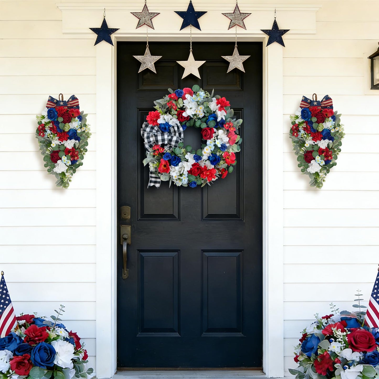 Idyllic 2 Pcs Red White and Blue Floral Swag with Roses, Hydrangea & Daisies | Patriotic Hanging Door Decor for 4th of July Memorial Day Front Door