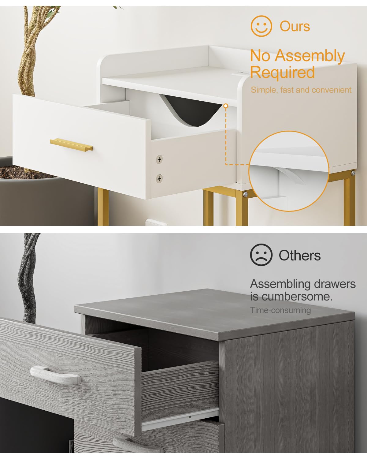 AEPOALUA Nightstand with Charging Station, Modern Bedside Table with Drawer and Legs,White and Gold Night Stand with Open Shelf, Narrow Side Table for Bedroom, Living Room