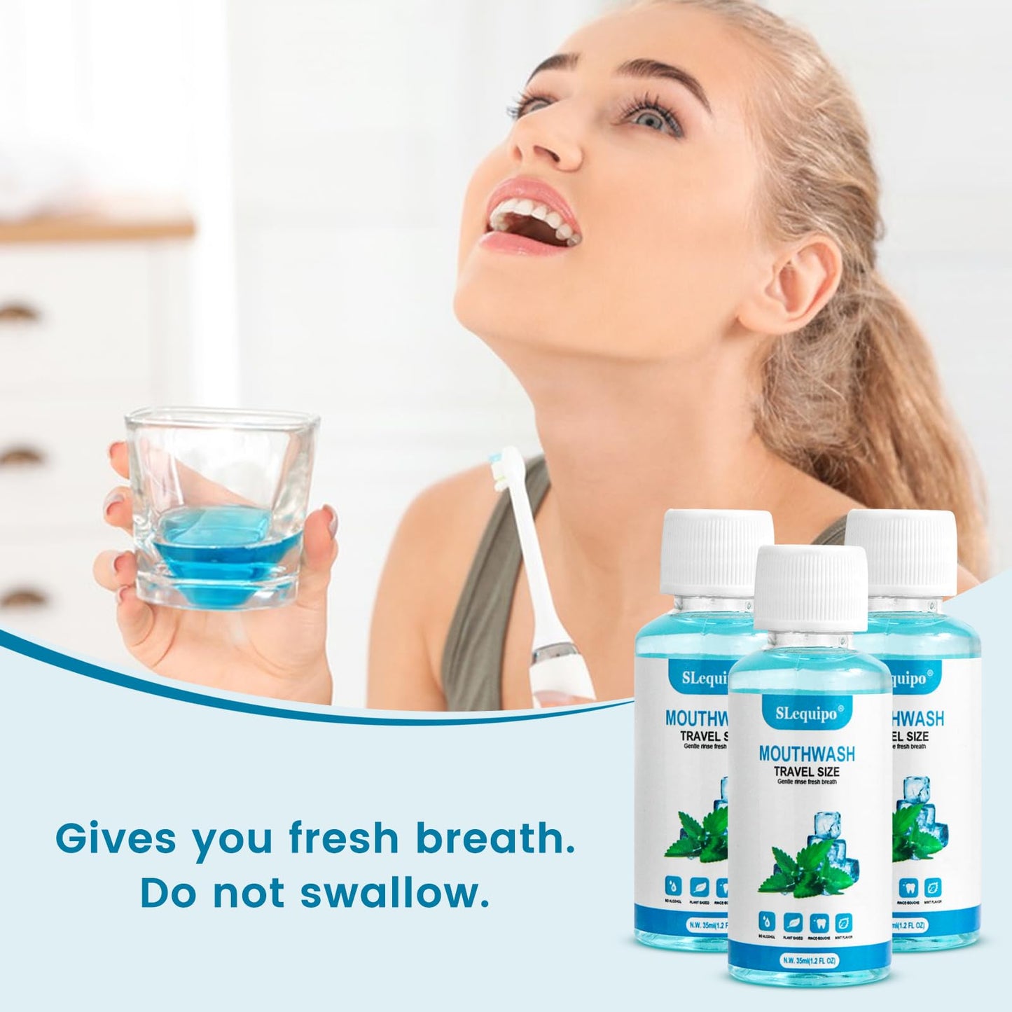 SLequipo 100 Travel Size Mouthwash Bulk Mini Mouthwash, Fresh Mint Portable Mouthwash Individual 1.2oz/35ml Mouthwash Bottles for Travel Toiletry Kits, Blue