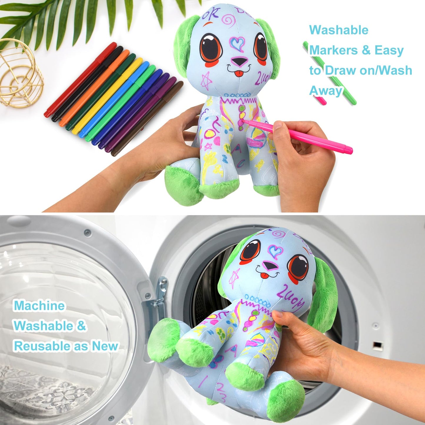 DIY Coloring Plush Toy with Washable Markers, Scribble Pets Stuffed Animal, Doodle Dolls Art Toy for Boys and Girls Ages 3-8, Birthday Gift (Green Puppy)