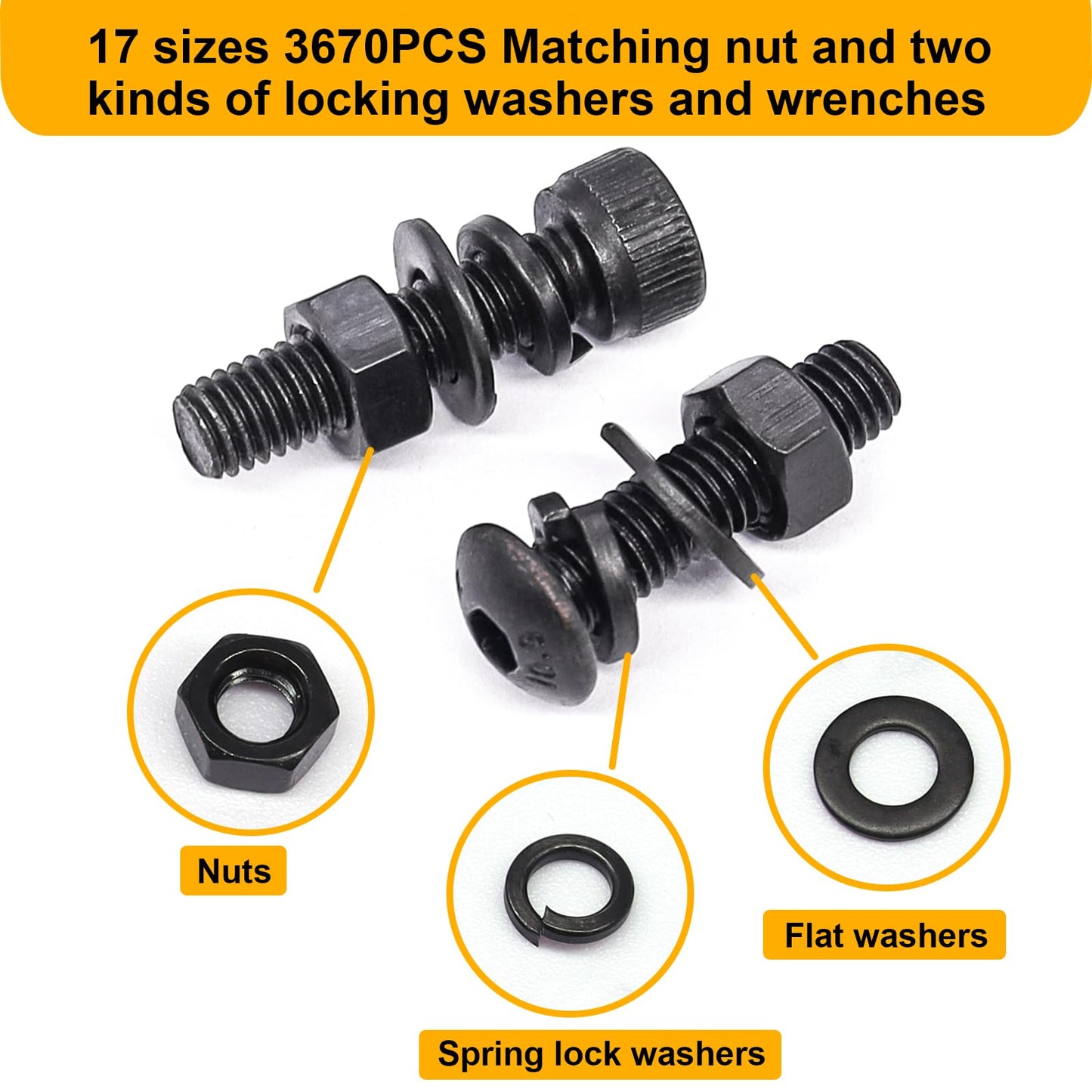 weideer 3670pcs M2 M3 M4 M5 Metric Screw Assortment Kit,Metric Bolt Assortment,12.9 Alloy Steel Hex Socket Head 10.9 Alloy Steel Hex Button Head Machine Screws Nuts Washers with Wrench