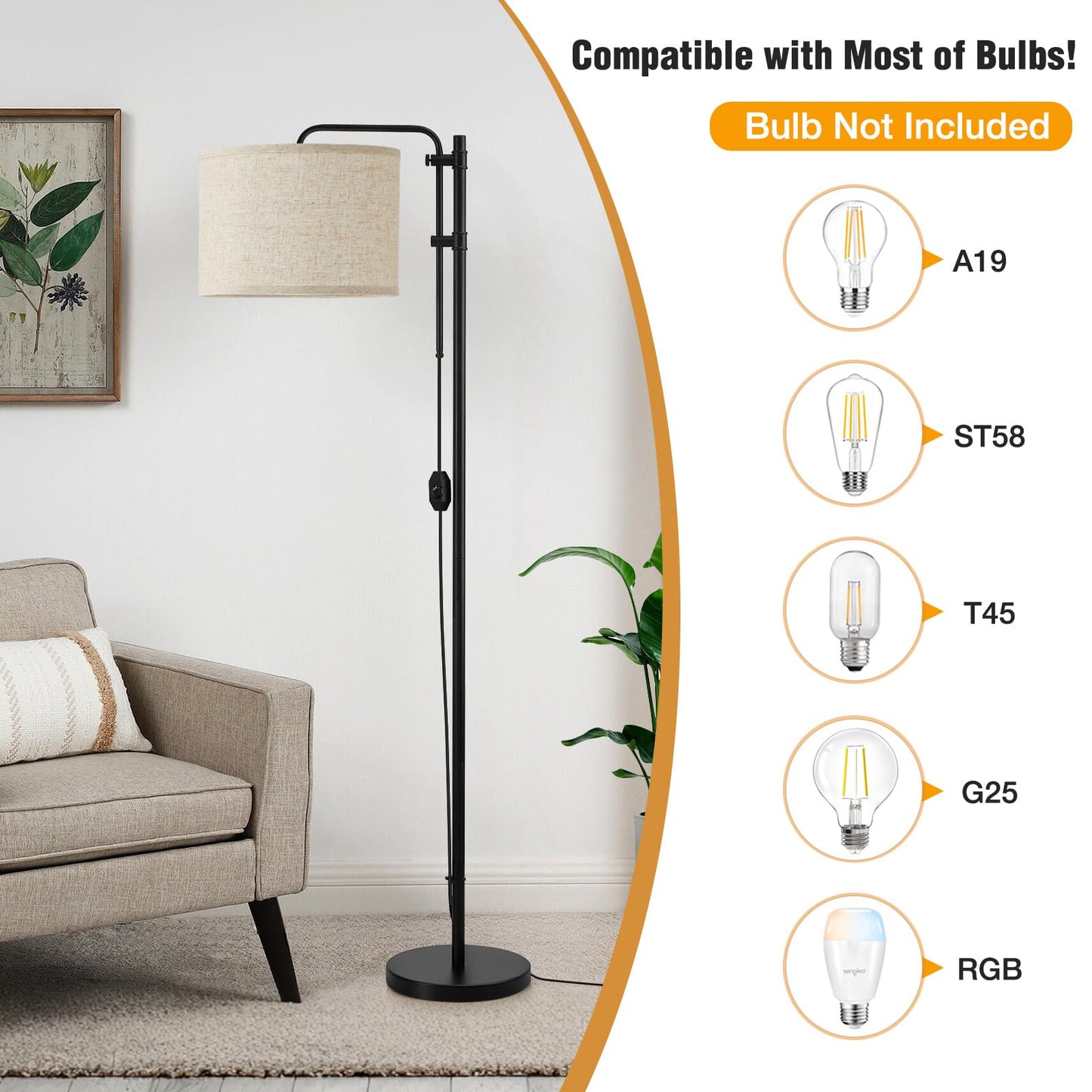 GyroVu Floor Lamp for Living Room, Adjustable Height Standing Lamps with 350° Rotate Beige Lampshade, 67.5-Inch Modern Tall Lamp Dimmable Floor Lamps for Corner Bedroom Home Office (Bulb Included)