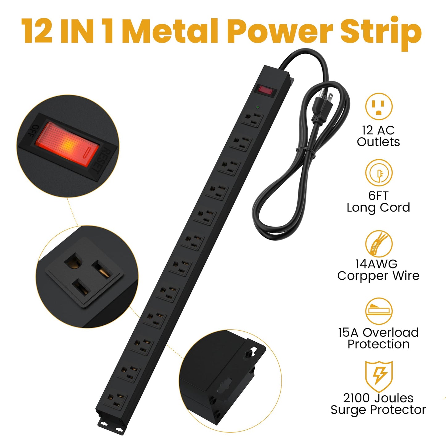 12 Outlet Long Power Strip Surge Protector with 2100 Joules, 6FT Power Cord, Wide Spaced Outlet Power Bar, Overload Protection Switch, Industrial Heavy Duty for Work Bench, Shop, Garage (Black)…