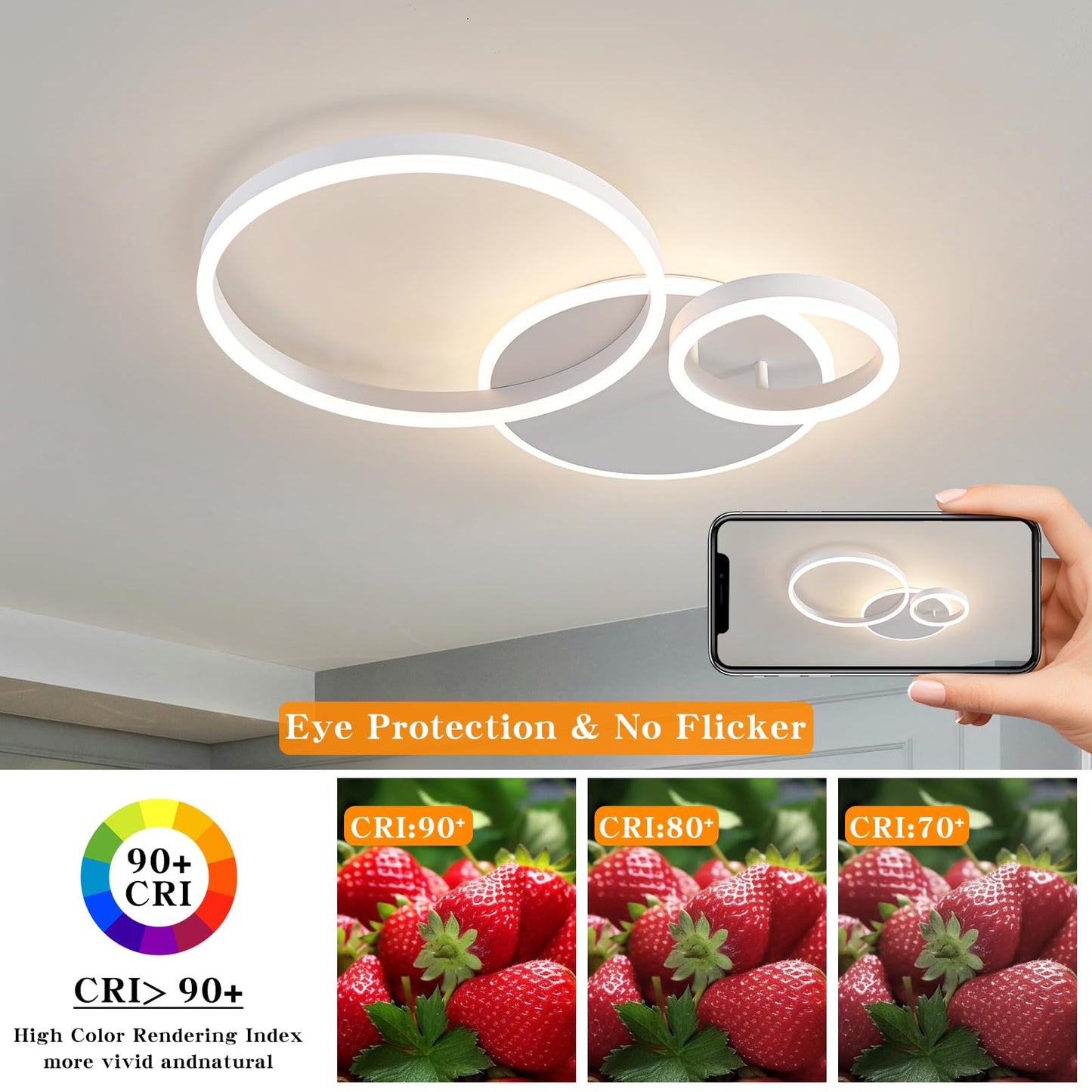 O'NEELDY Modern 3 Ring LED Chandelier Lamp Fixture White 25.59''Dimmable Acrylic Flush Mount Ceiling Lights with Remote Control Ideal for Small Room, Kitchen, Bedroom