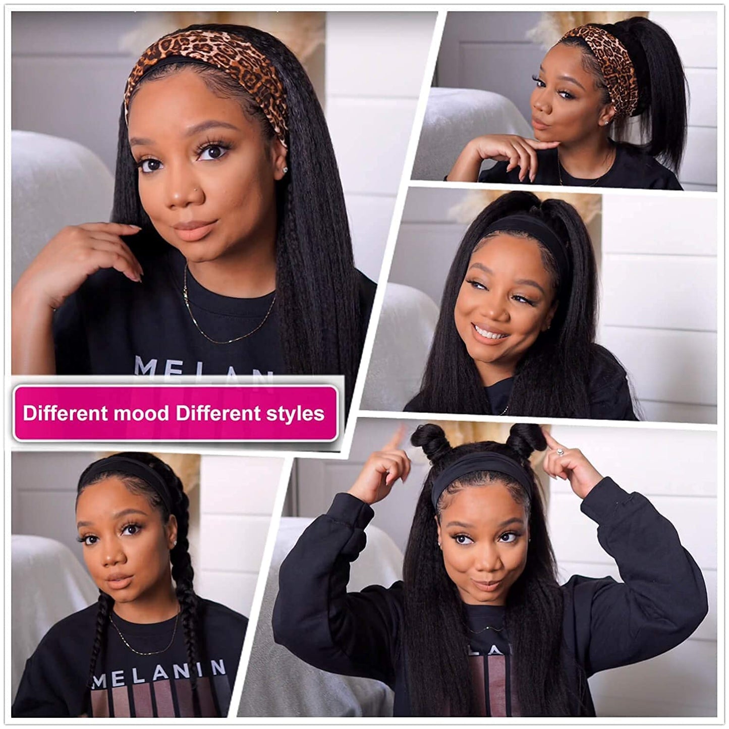 Vanmast Headband Wigs Human Hair 180% Density 12A Kinky Straight Human Hair Headband Wigs For Black Women Yaki Straight Human Hair Wigs With Headband Attached Half Wig Natural Black Color 24 Inch