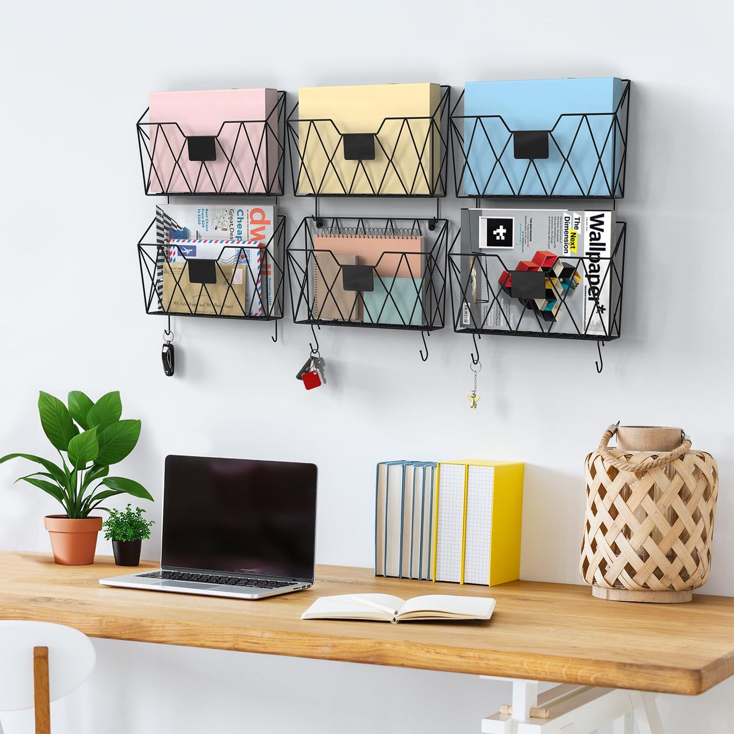 YBING Wall File Organizer Mesh Hanging Wall-mount Files Holder 6 Pack Hanging Wire Magazine Rack and Mail Holder with Hooks Office Wall Organizer for Papers Folders Files Clipboard Black