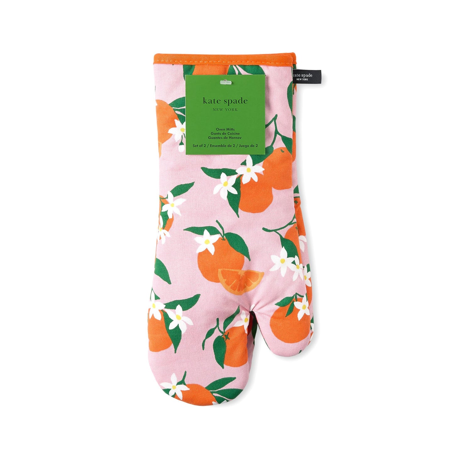 kate spade new york Squeeze The Day Oven Mitt 2-Pack Set, Heat Resistant, 100% Cotton, Orange/Pink, 7"x13"