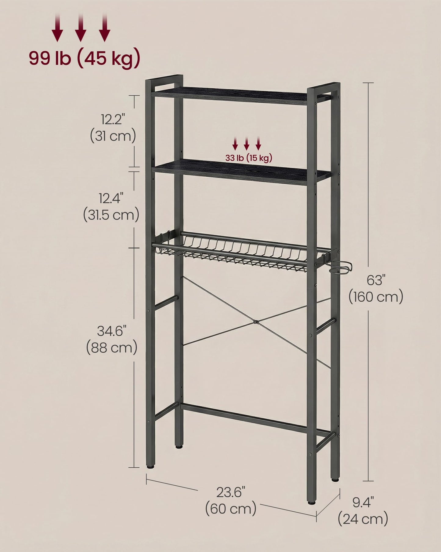 VASAGLE BARNET Collection - Over the Toilet Storage, Over Toilet Bathroom Organizer with Adjustable Shelves and Basket, 3 Hooks, Space Saving, 9.4 x 23.6 x 63 Inches, Ebony Black UBTS113BE01S