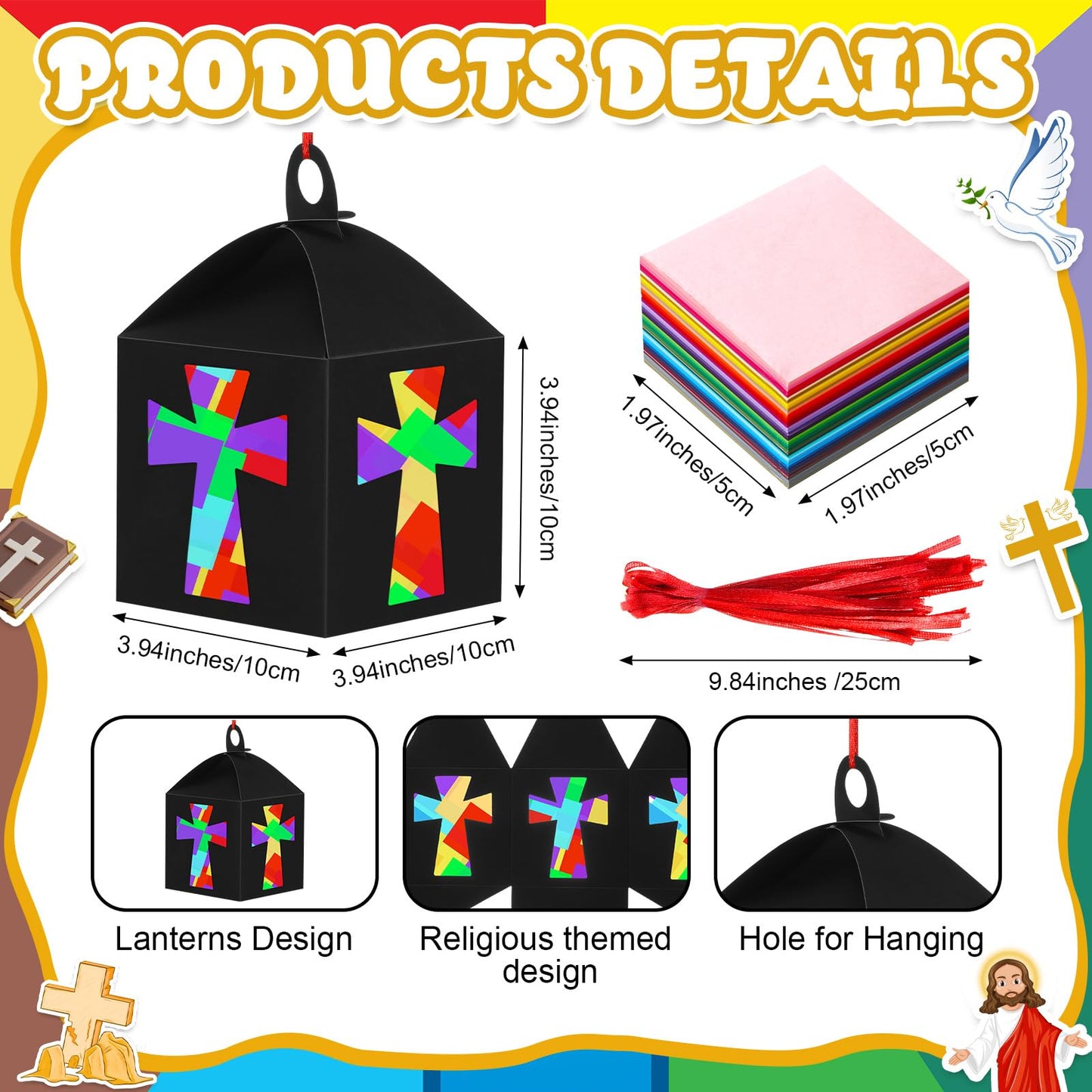 VIHOSE 16 Sets Religious Craft Kits Religious Lanterns Craft Bulk Suncatcher Kits Religious Cross Ornaments Christian DIY Tissue Paper Kits for Sunday School Classroom Art Home Church