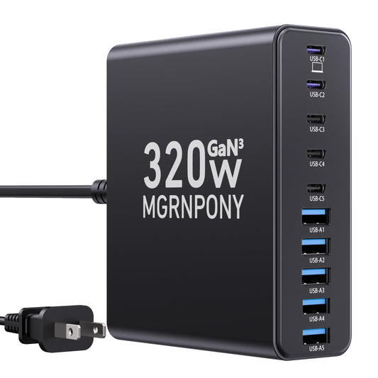 320W USB C Charger Block, 10-Port USB C Charging Station GaN III PD 65W Mini PC Laptop Fast Charger Adapter for MacBook Pro/Air, DELL, iPad, iPhone, Samsung Galaxy Black