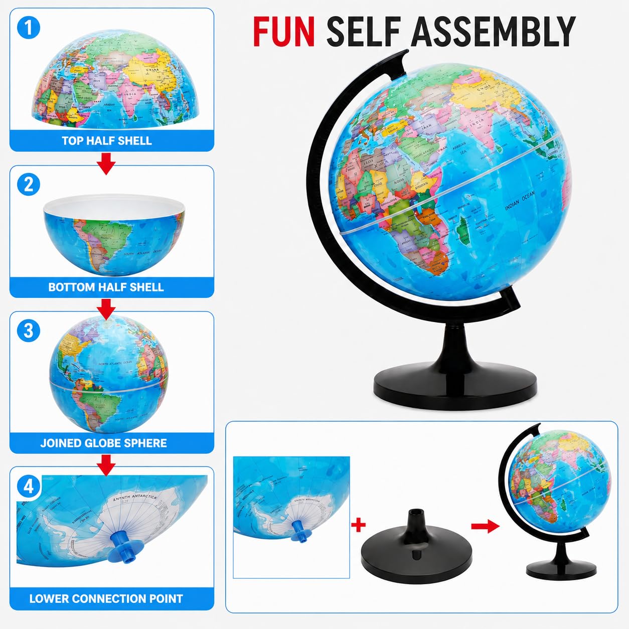 Exerz 12" World Globe - Political Map Educational - Self Assembled School Globe for Classroom