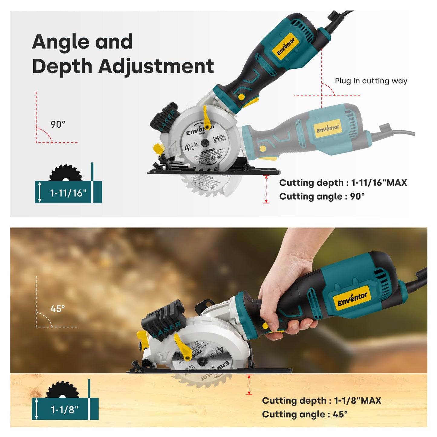 Enventor Mini Circular Saw, 5.8A 4-1/2" Electric Circular Saws with 6 Saw Blades, Laser Guide, Max Cutting Depth 1-11/16"(90°), 1-1/8"(45°) for Soft Metal, Wood, Tile, Drywall, Plastic Cutting