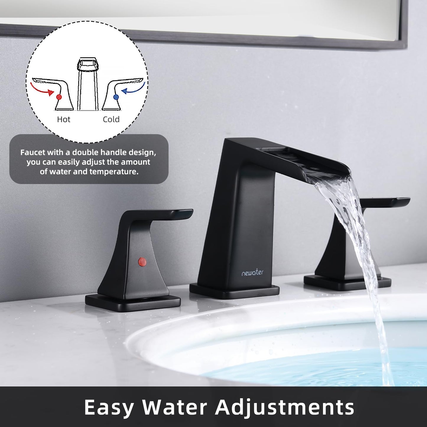 NEWATER Matte Black Solid Brass Bathroom Faucet 8" Widespread, Waterfall 3-Hole Vanity Sink Faucet with Metal Pop-Up Drain & Supply Lines, Two Handle Bathroom Faucet for Sinks