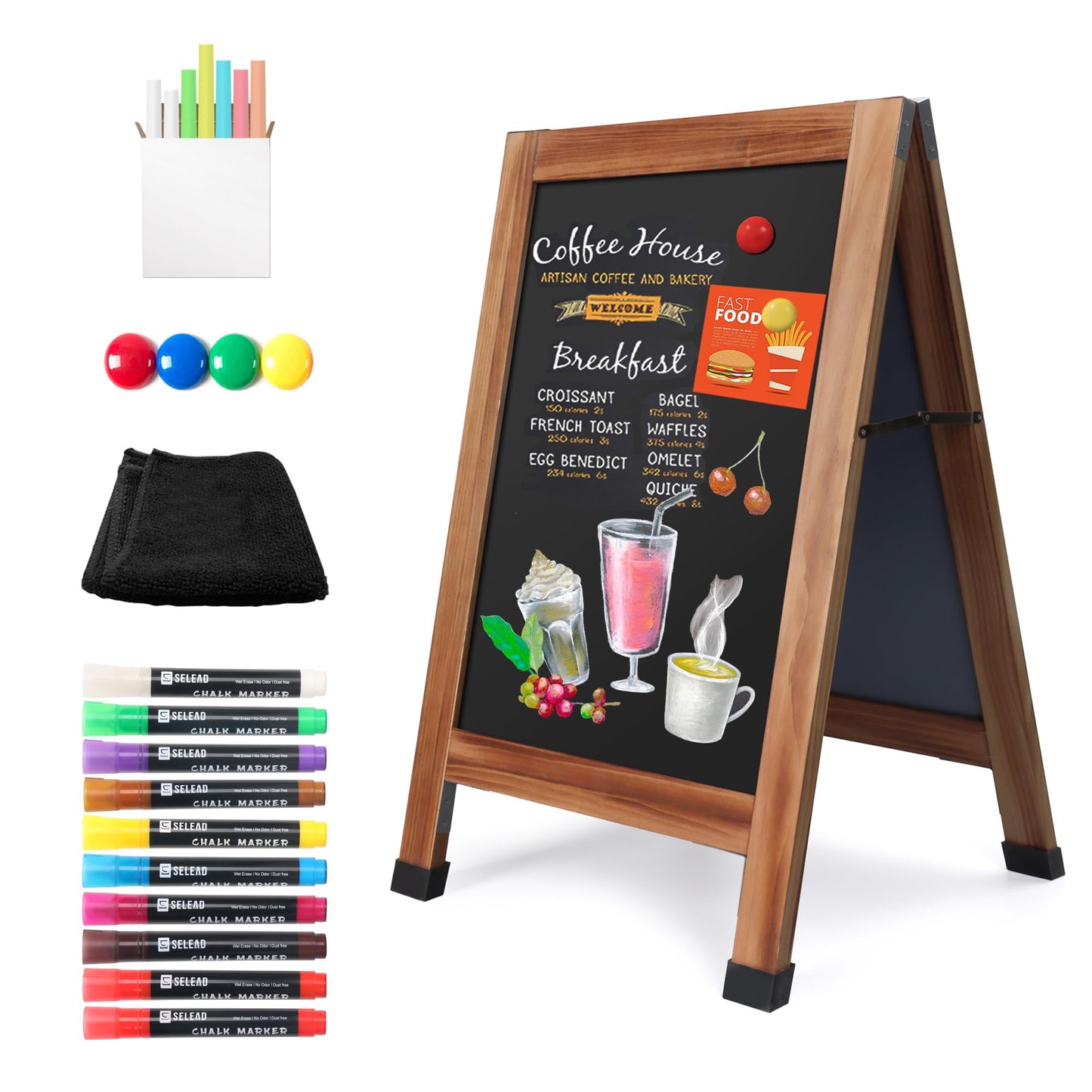 SELEAD Solid Wood A-Frame Chalkboard - 30" x 20" Magnetic Sandwich Board Signs Outdoor Standing Chalk Board Easel Sidewalk Pizarra for Menu, Business, Wedding - Rustic Brown