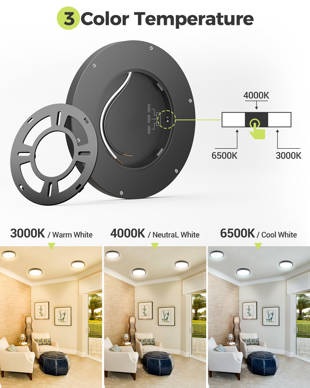 6PACK LED Flush Mount Ceiling Light, 3CCT Selectable 3000K-4000K-6500K & 100W Equivalent Modern Kitchen Ceiling Light Fixture 15W 1500Lm 7.5 Inch for Bathroom Closet Bedroom Hallway,NOT-DIMMABLE
