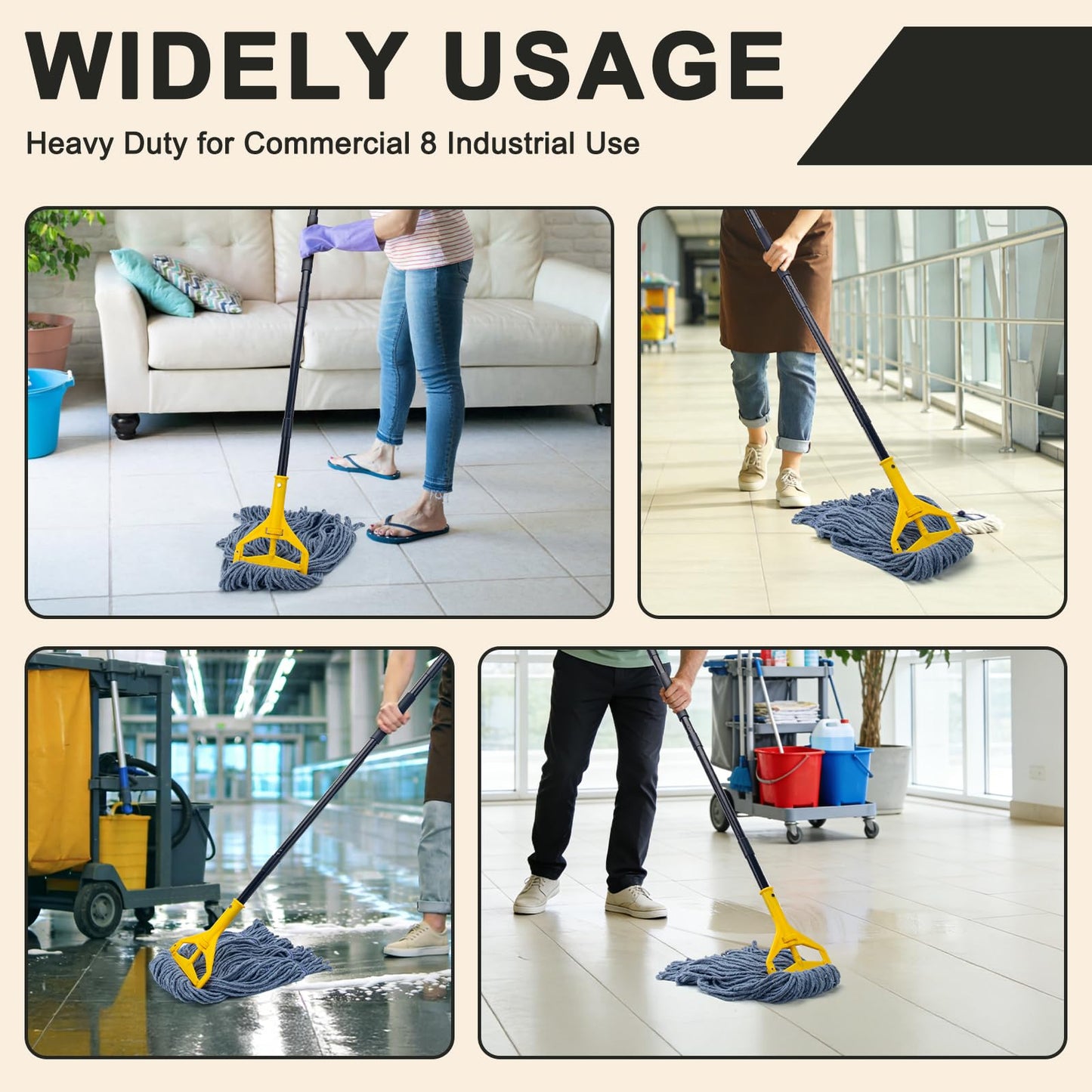 Commercial Industrial Mop with 3 Extra Large Reusable Replacement Head,59" Long Handle Heavy Duty Wet Mops,Looped-End String Cotton Mop for Floor Cleaning,House,Kitchen,Office,Garage,Tile(Yellow)