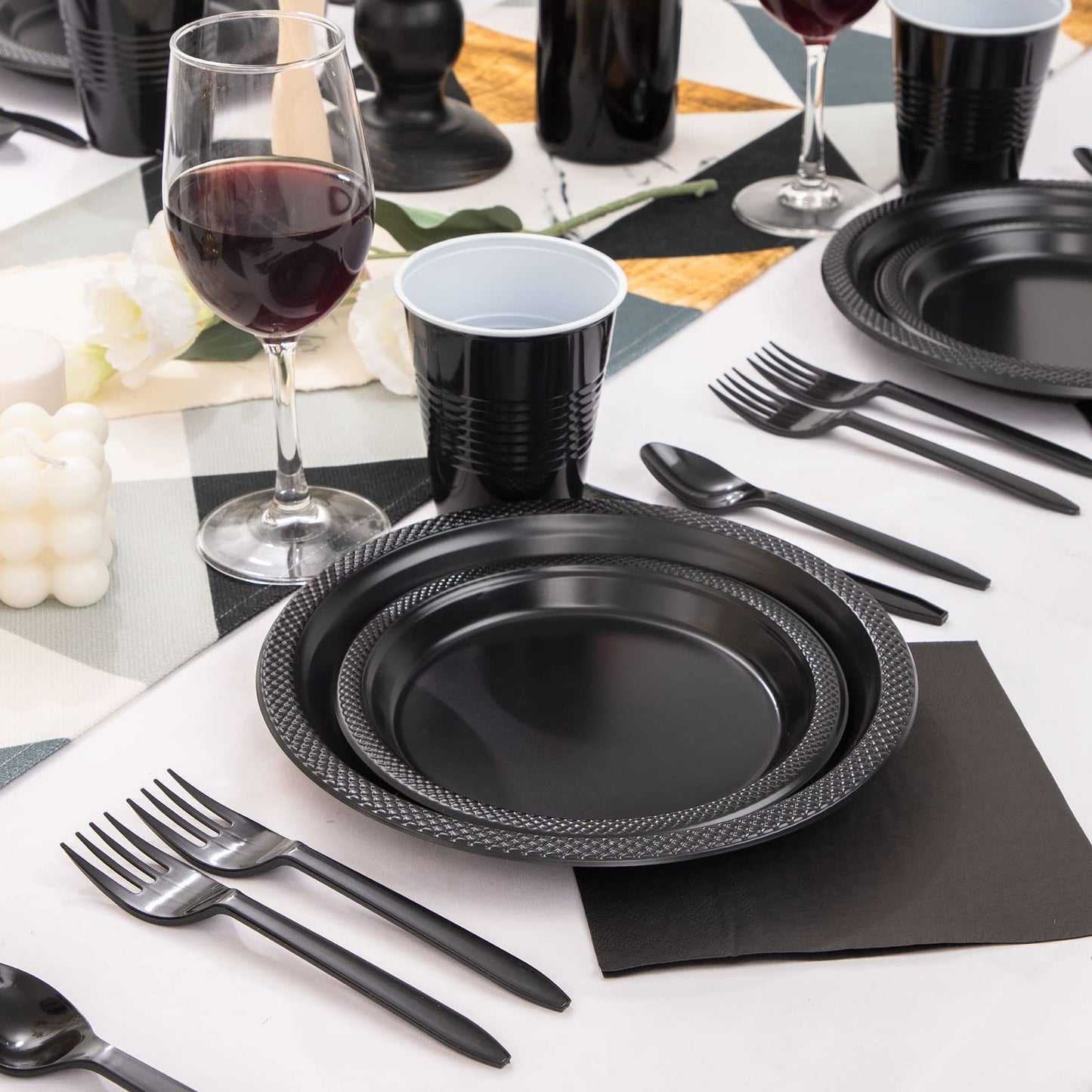 MirthMood 350PCS Black Disposable Plates, Black Party Supplies, Includes 50 Dinner Plates, 50 Salad Plates, 50 Silverware, 50 Napkins and 50 12OZ Cups.