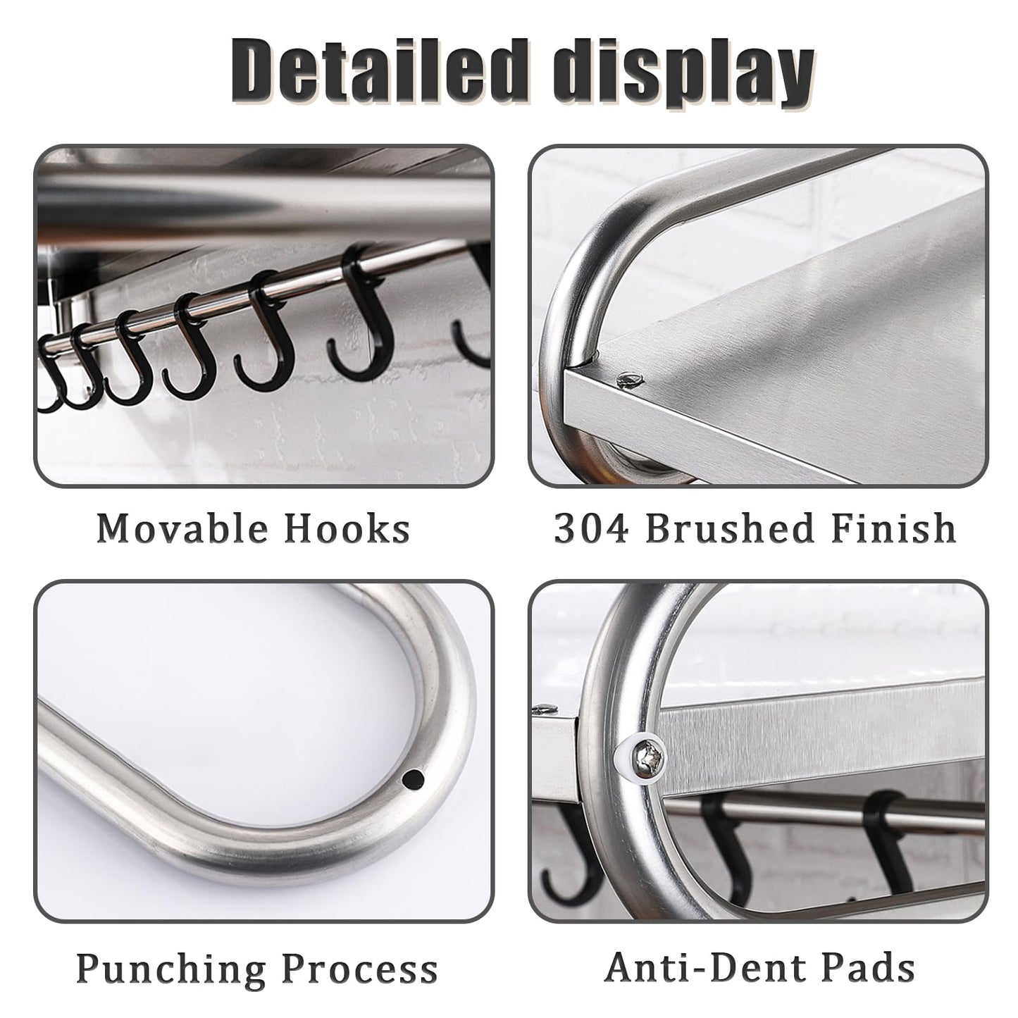 NAWESRVA Stainless Steel Microwave Wall Mount Shelf with 6 Hooks - 66 lbs Capacity, 21x15 Inches, Easy Install, Space-Saving Organizer for Home and Kitchen